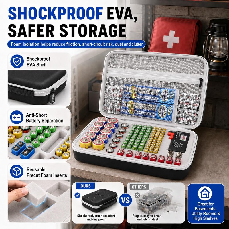 PAIYULE Battery Organizer Storage Box with Tester, Shockproof EVA 220+ AA AAA C D 9V Capacity Emergency Power Solution, Unique 8 D-Cell Home Kitchen Garage Organization