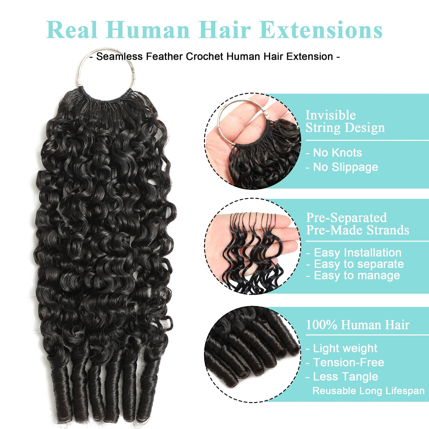 Burmese Curly Crochet Human Hair Designed for Miracle Knots Braids 16 Inch 150g Pre-Separated Crochet Hair Bundles Deep Curly Feather Invisible Crochet Hair Extensions Natural Black