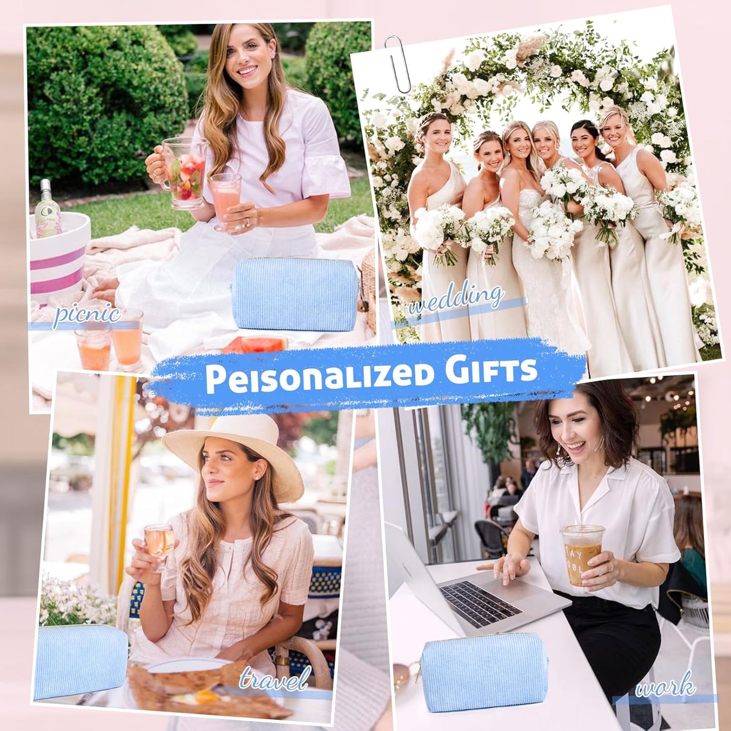 Bridesmaid Proposal Gifts - 6PCS Corduroy Blue Makeup Bags | Wedding Party Favors & Toiletry Organizers