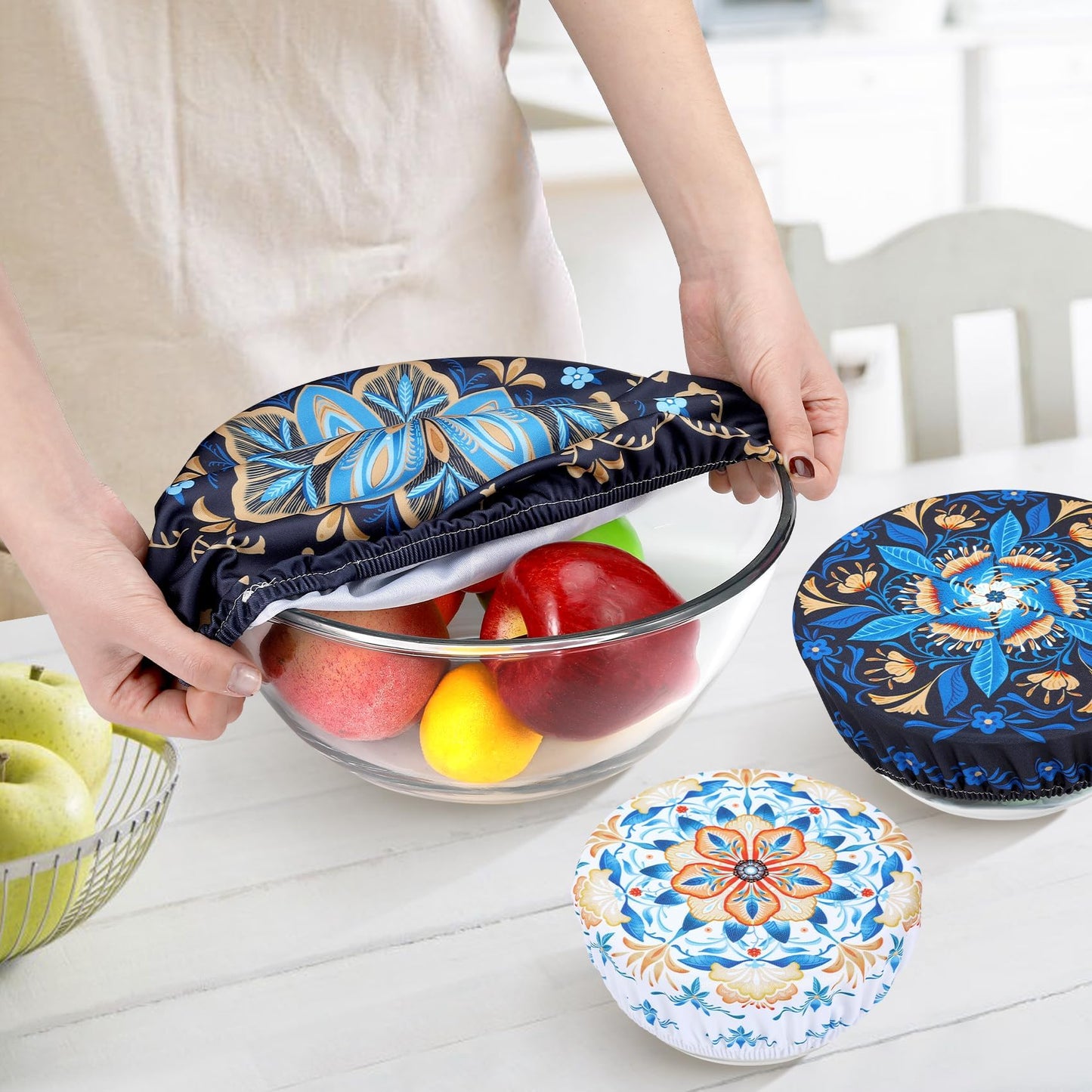 Revahope 5 Pieces Bowl Covers Reusable, 5 Size Elastic Cloth Bowl Covers for Bread Proofing Stretch Food Covers Washable for Food Fruits Leftover (Lozenge Floral)