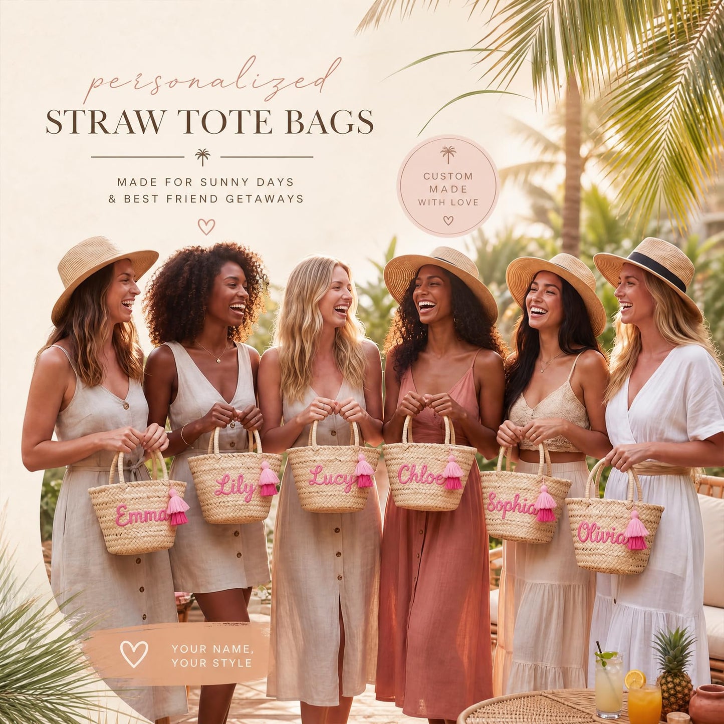 Abbylike 6 Pcs Mini Straw Tote Bags with Tassel Keychains, Woven Beach Handbags with Lining DIY Handmade Gift Bags for Bachelorette Party, Bridal Shower, Beach, Picnic & Girls Trip