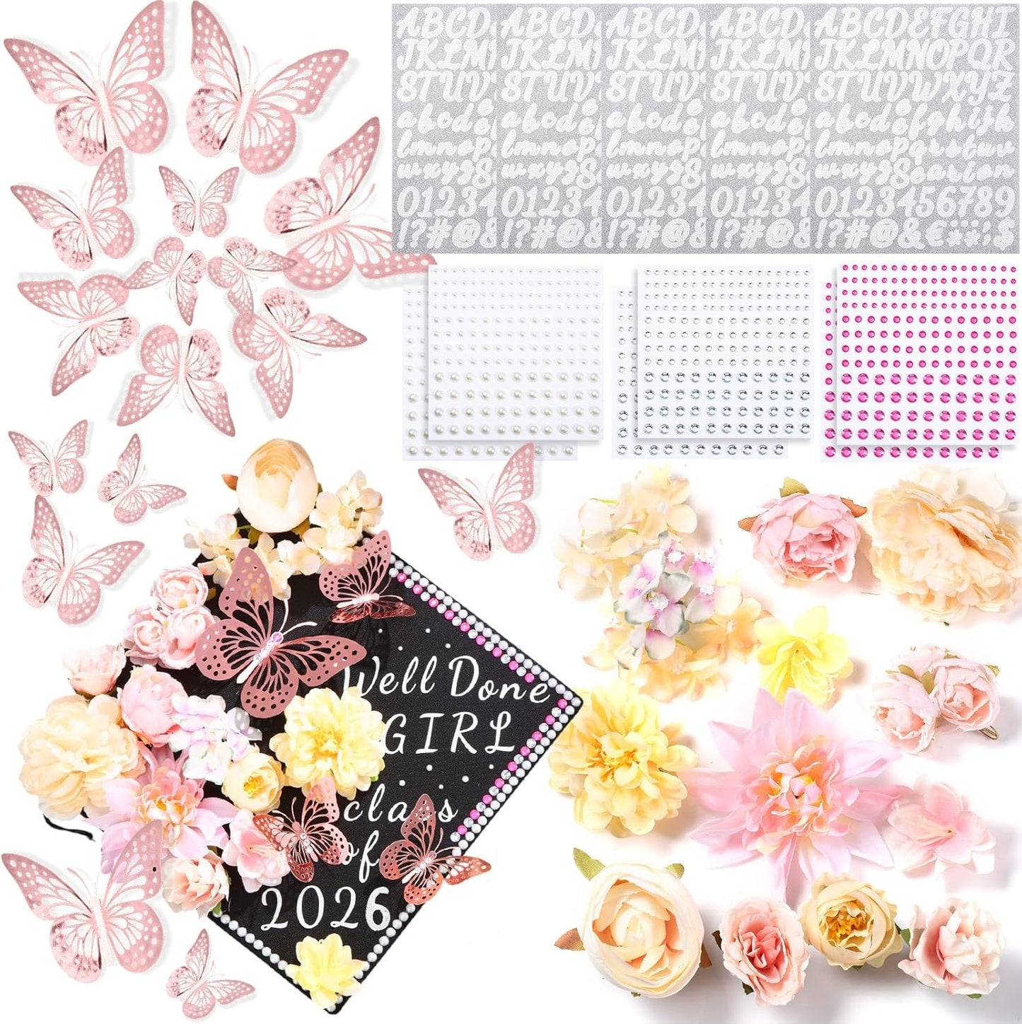 DIY Graduation Cap Decorations Kit - Faux Flowers, 3D Butterflies & Rhinestones | Pink Grad Cap Topper for 2026