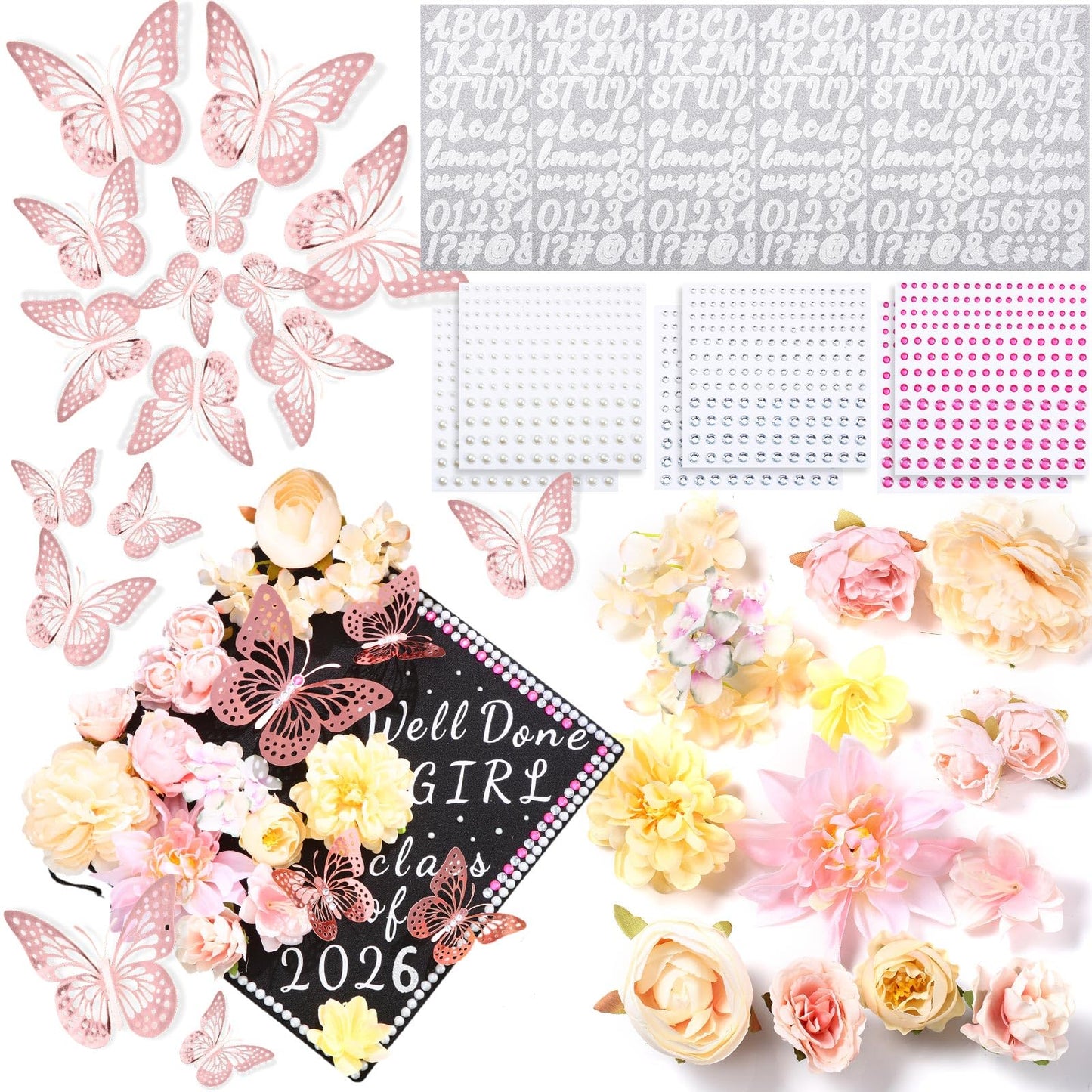 Hoteam DIY Graduation Cap Decorations Kit Included Faux Flowers 3D Butterfly Self Adhesive Rhinestones Glitter Alphabet Letter Stickers for 2026 Grad Cap Topper Party Gifts Decor(Pink)