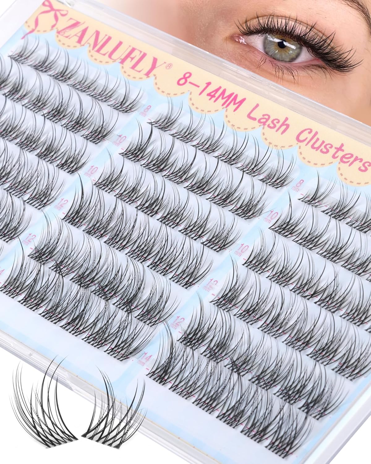 Natural CC-Curly Cluster Lashes - Wispy Eyelash Extensions with Clear Band | 10-14MM Individual DIY Lashes