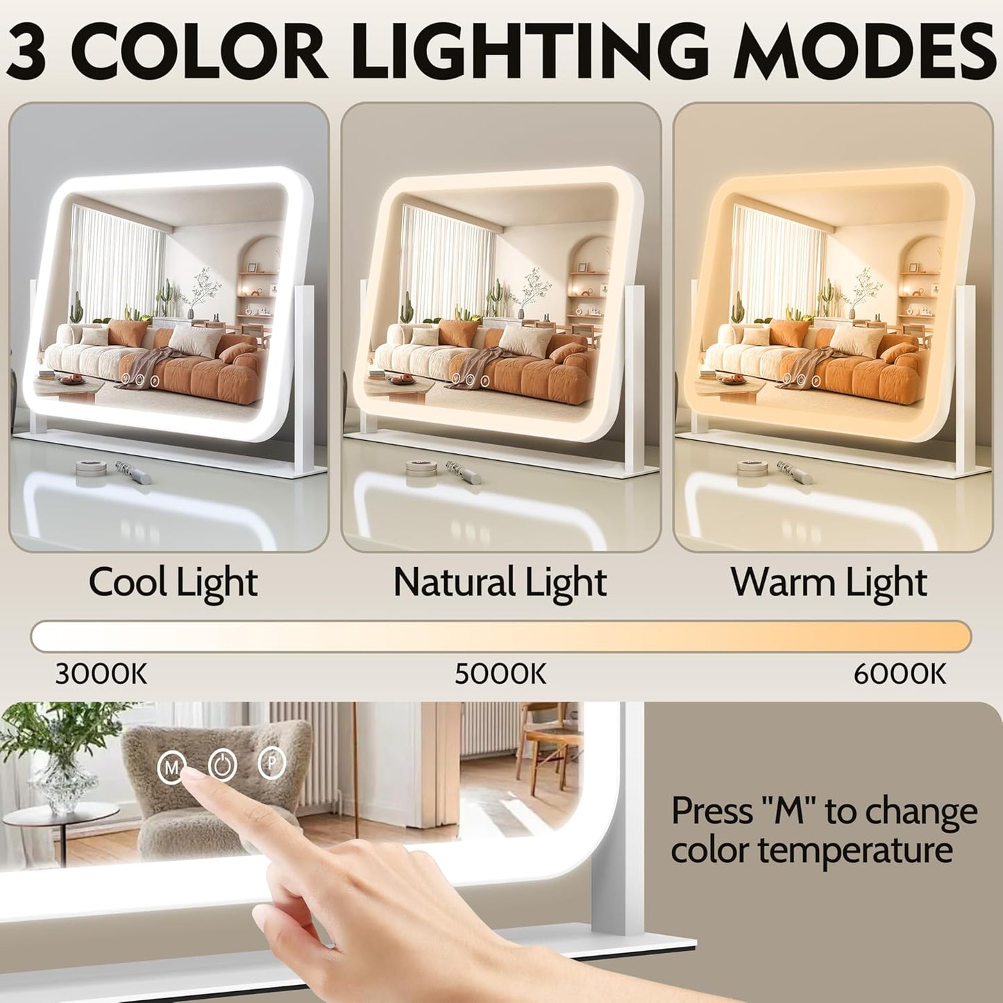 Lighted Makeup Mirror - 10X Magnification Vanity Mirror with 3 Color Modes | 17"x13" Smart Touch Control, 360° Rotation (White)