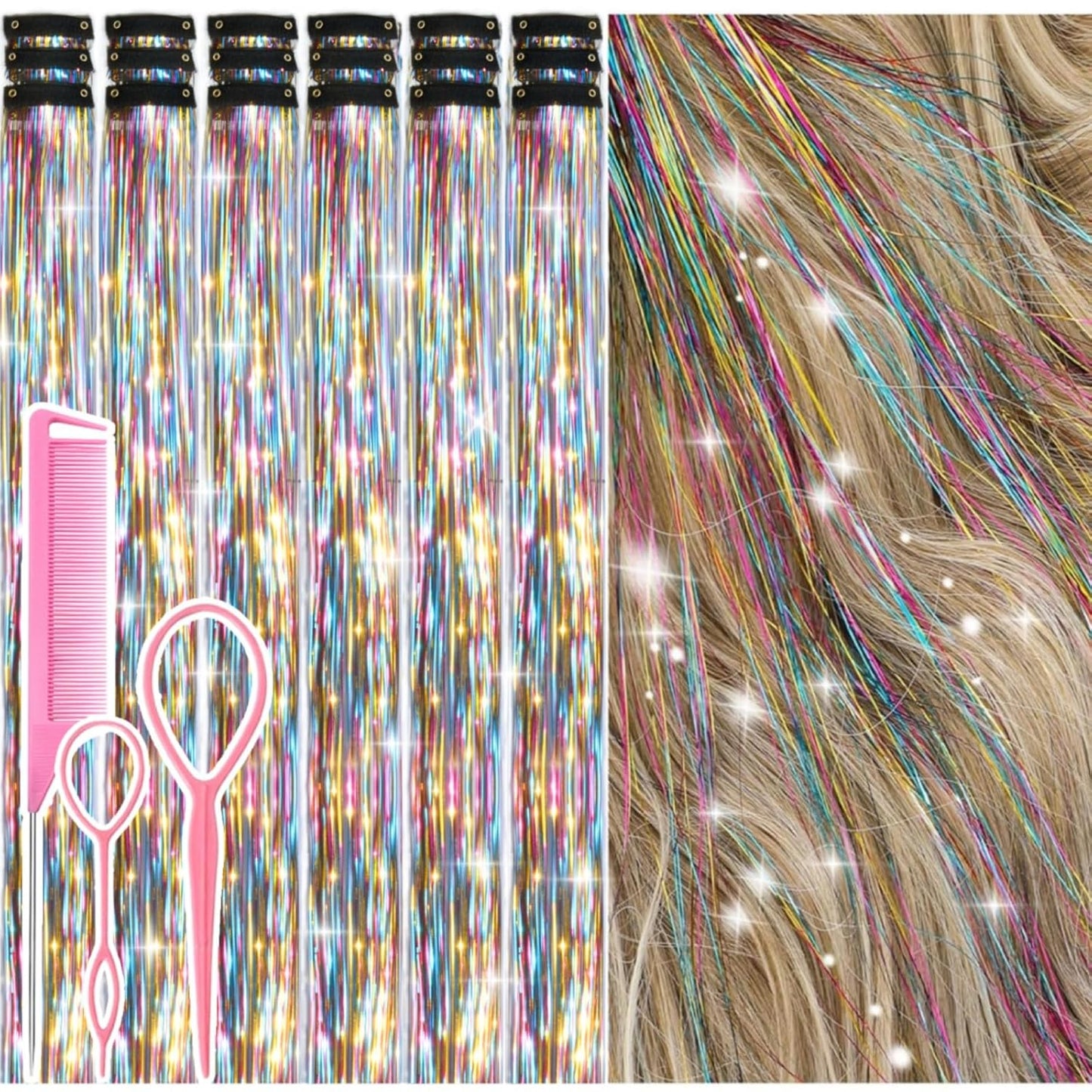 Hair Tinsel Kit - 12 Pcs Colorful Glitter Clip-In Extensions | 24 Inch for Girls, Women & Kids
