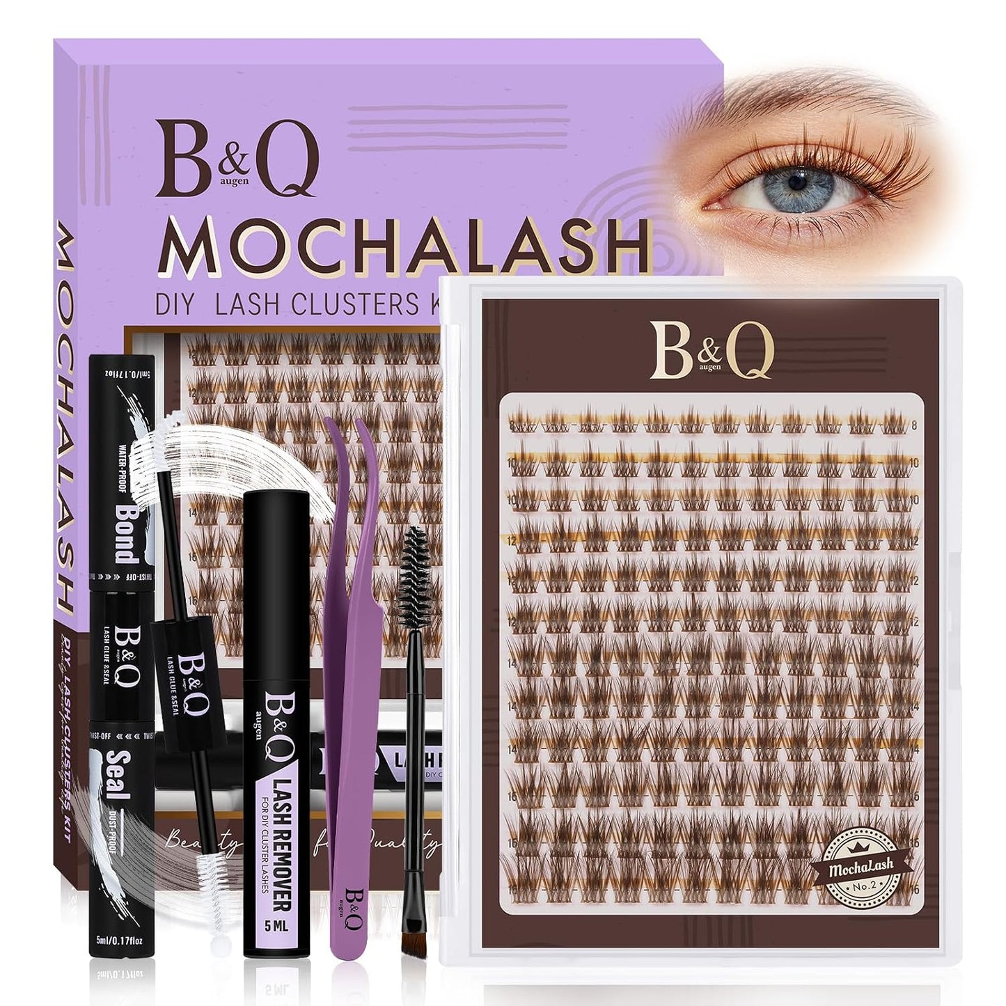 Eyelash Extension Kit - 10-18mm D Curl Lash Clusters with Bottom Lashes | DIY Bond & Seal Applicator
