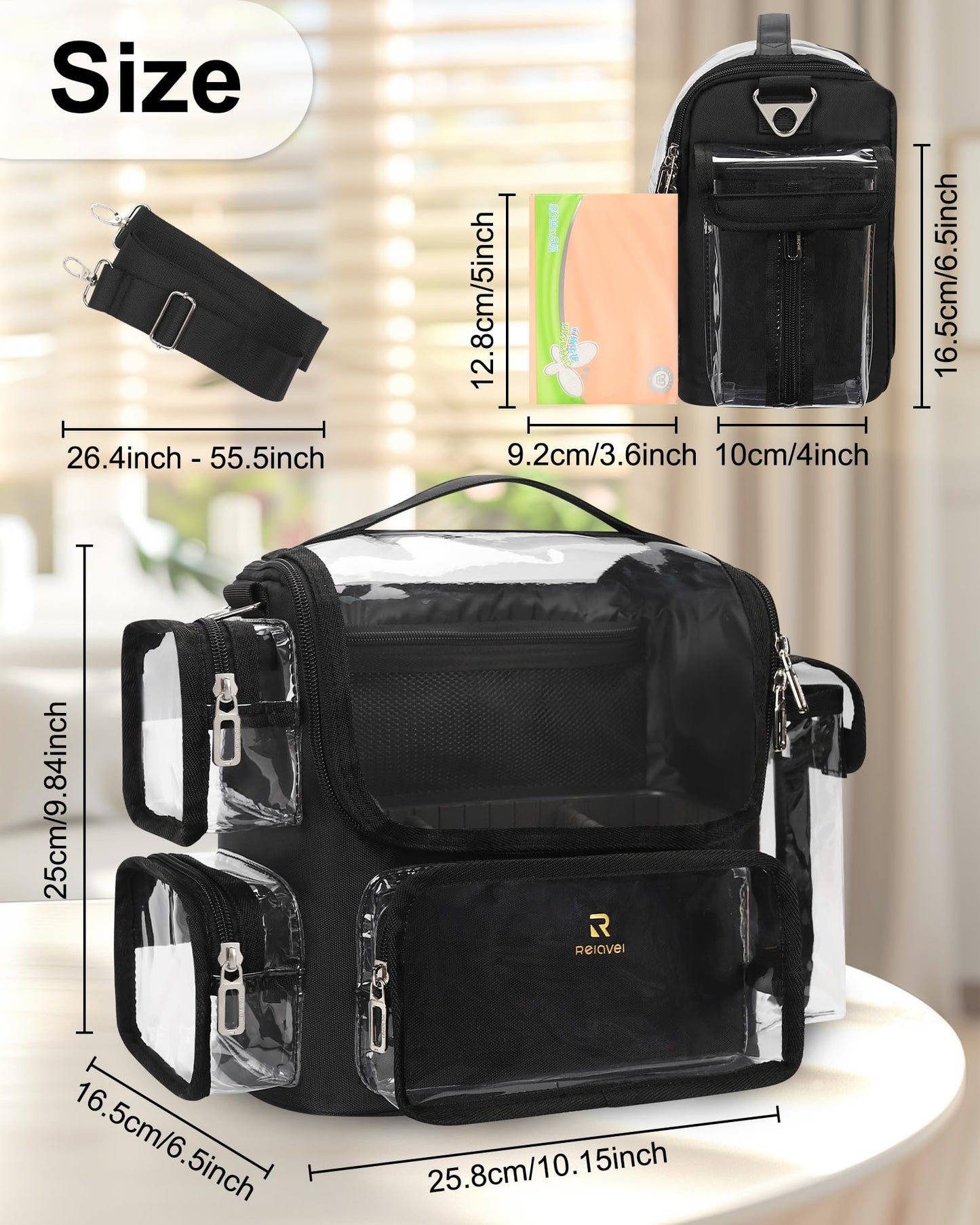TANTO Makeup Brush Bag & Makeup Brushes Holder, Clear Large Cosmetic Case Professional Makeup Artist Bag Portable Travel Organizer with Adjustable Dividers and Shoulder Strap (Black,Large)