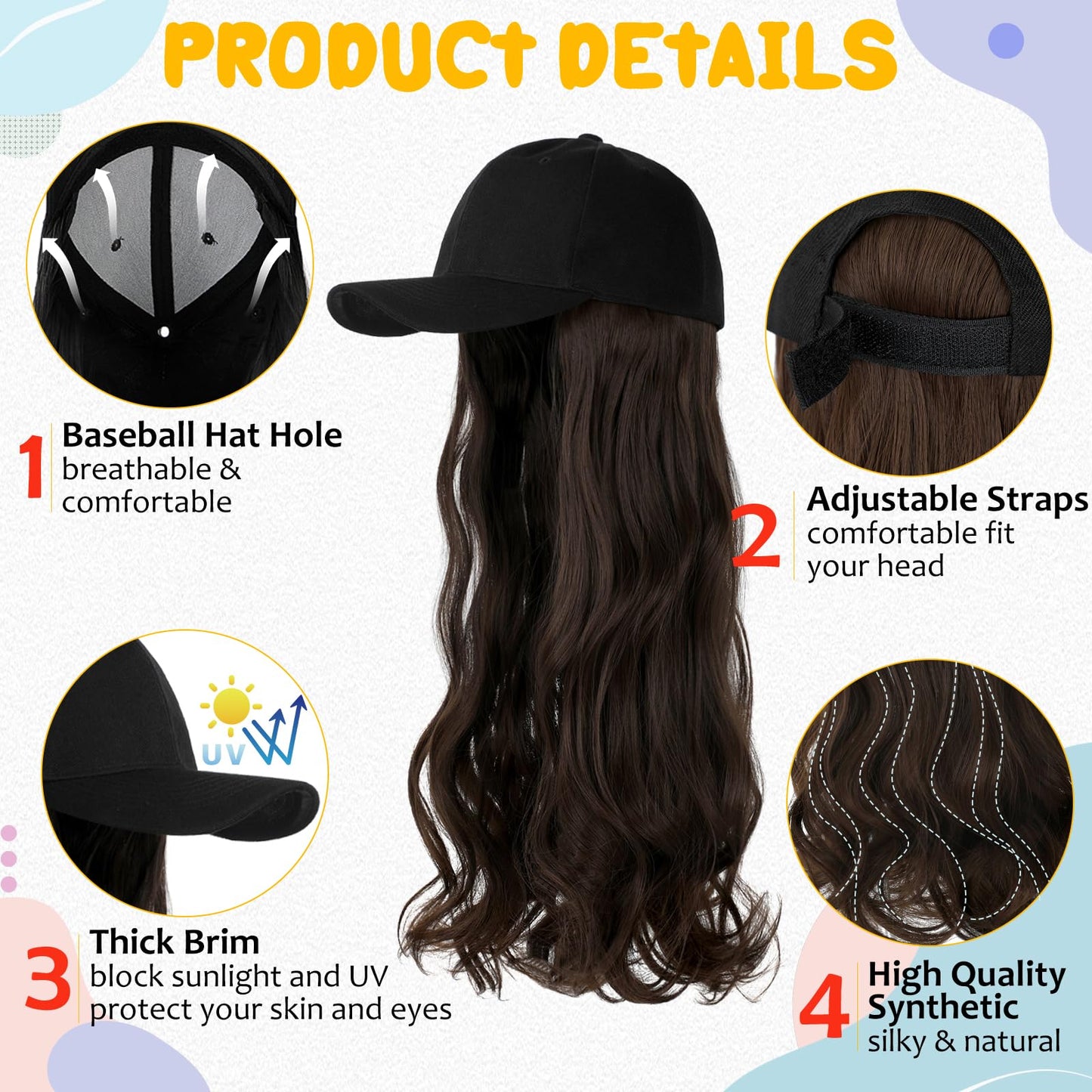 Cephermer Baseball Hat Wig,Hat with Hair attached 24'' Adjustable Black Cap with Long Wavy Synthetic Hair Extensions for Women Girls(Medium Brown)