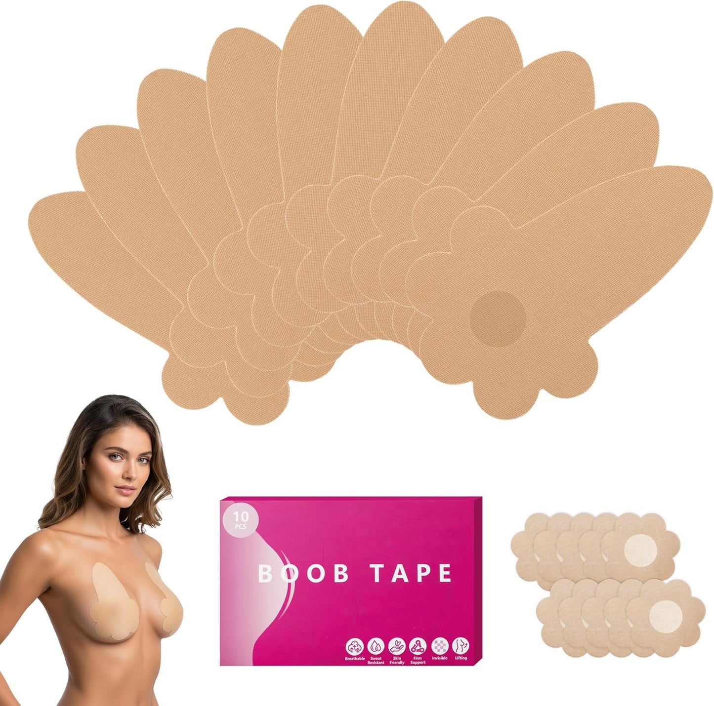 Boob Tape for Breast Lift - 10 Pcs Invisible Body Tape with Pasties for Women | Comfortable & Discreet