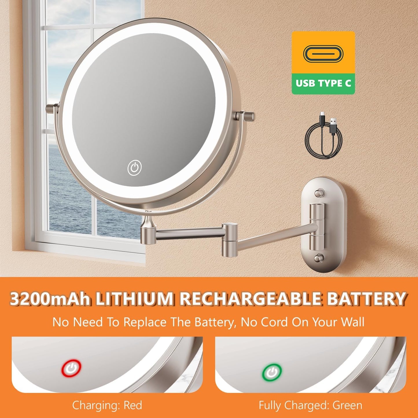 Lighted Makeup Mirror - 1X/30X Double-Sided Magnifying Mirror with 3 Color Touch Dimmable Lights | 8" Rechargeable, 360° Rotating Arm, Brushed Nickel