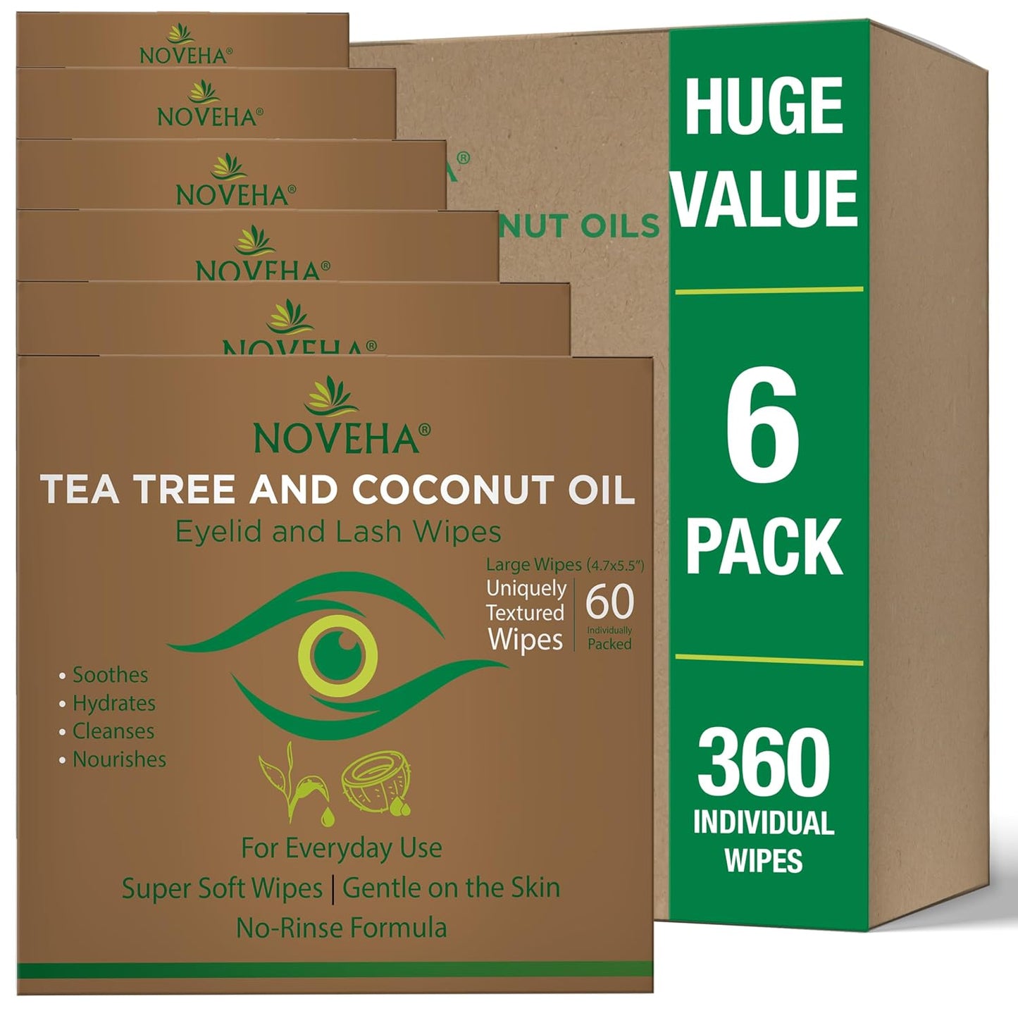 NOVEHA Tea Tree & Coconut Oil Eyelid Wipes - 60 Individually Wrapped Makeup Remover Wipes for Itchy Eyes | Aloe Vera Infused