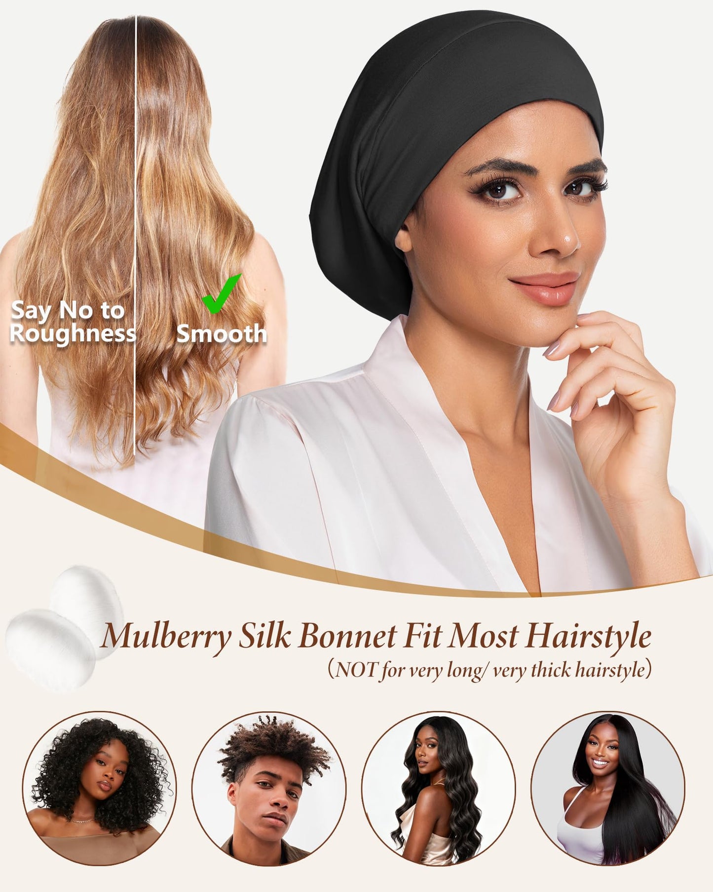 100% Mulberry Silk Bonnet for Sleeping Women Men, Real Silk Lined Bonnets for Curly Hair, Braid Sleep Cap Black Womens