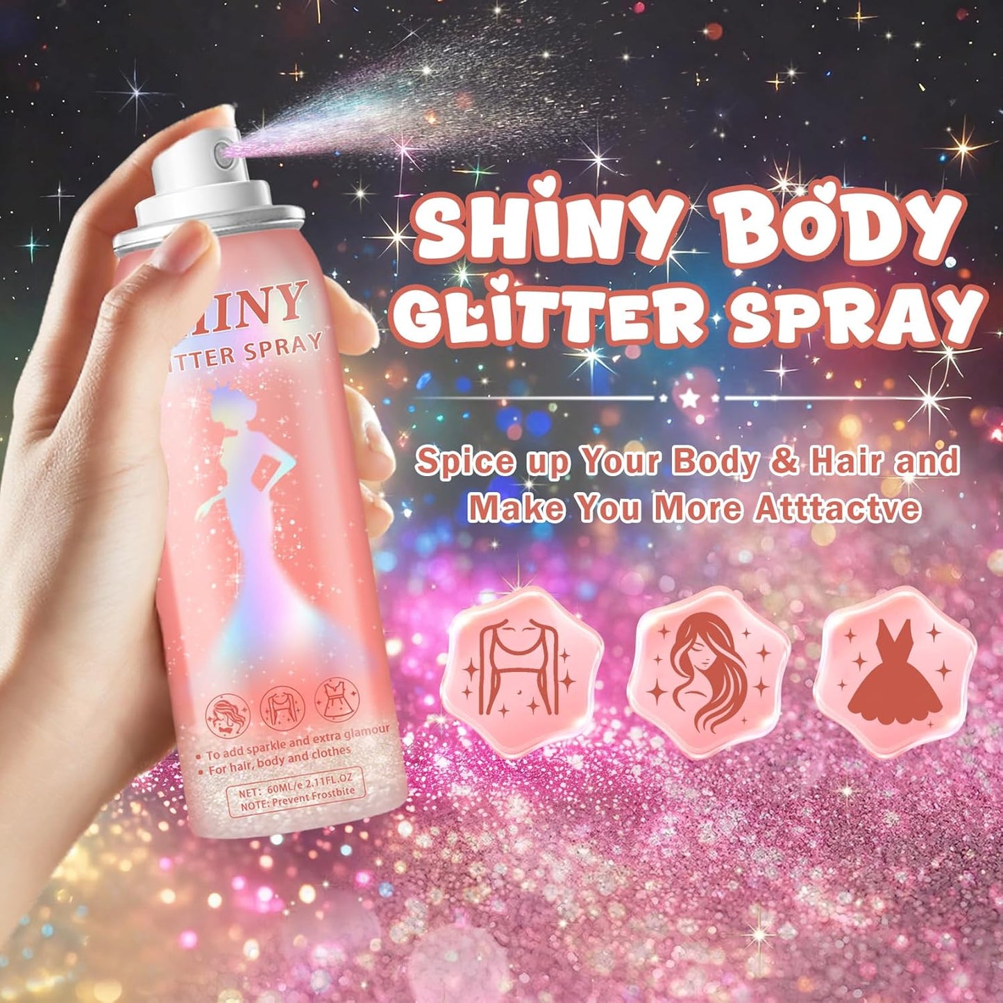 Holographic Body Glitter Spray - Long-Lasting Shimmer Hairspray for Kids & Women | Festival Party Accessory (Rainy Rainbow)