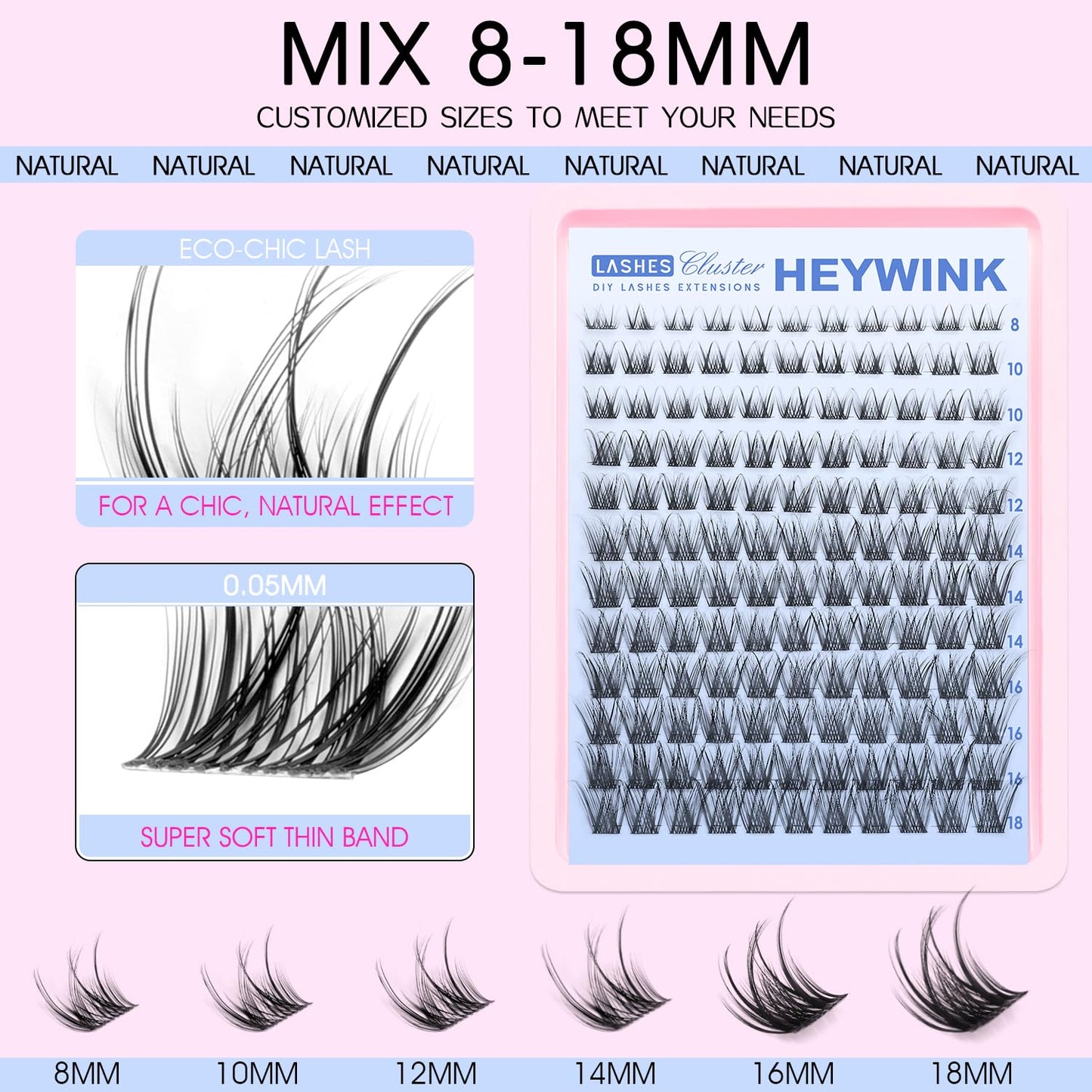 HEYWINK DIY Lash Extension Kit Natural Look Wispy Lash Clusters D Lashes Clusters 8-18mm Eyelash Extension Kit Lash Bond and Seal Lash Tweezers Individual Lashes Lash Cluster Kit For Beginners