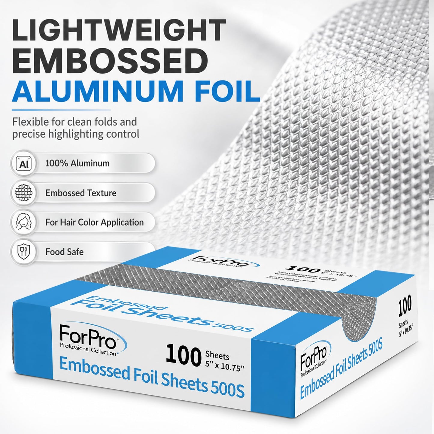 ForPro Professional Embossed Pop-Up Hair Foil Sheets for Salon Hair Color & Highlights, Pre-Cut Aluminum Foils, Non-Slip Embossed Texture, 5" W x 10.75" L, 100 Count