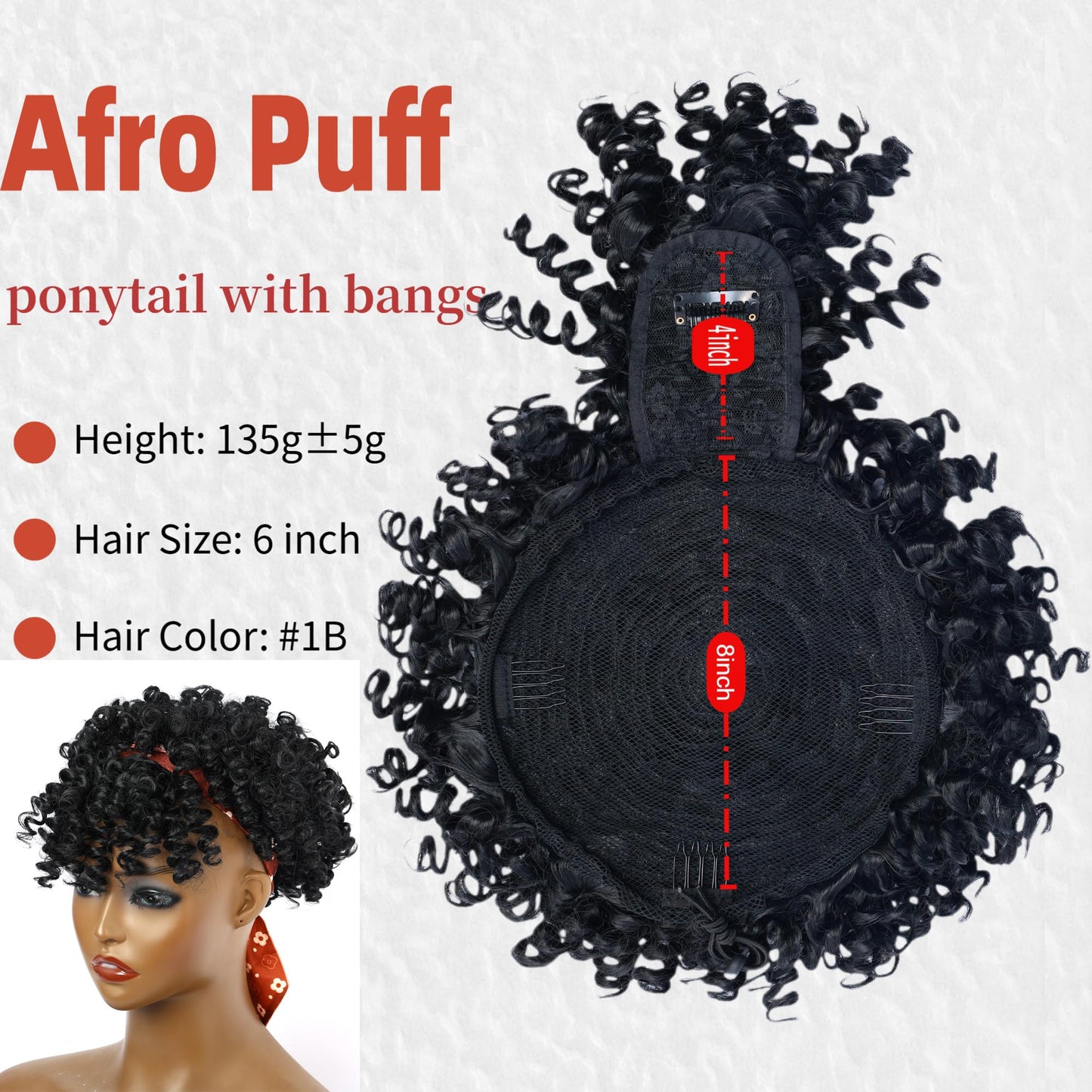Servintha Afro Puff Drawstring Ponytail with Bangs for Black Women Kinky Curly Ponytail Extension Natural Black Short Pony Tail Hair Extension Synthetic Fake Hair Pieces 1B Color