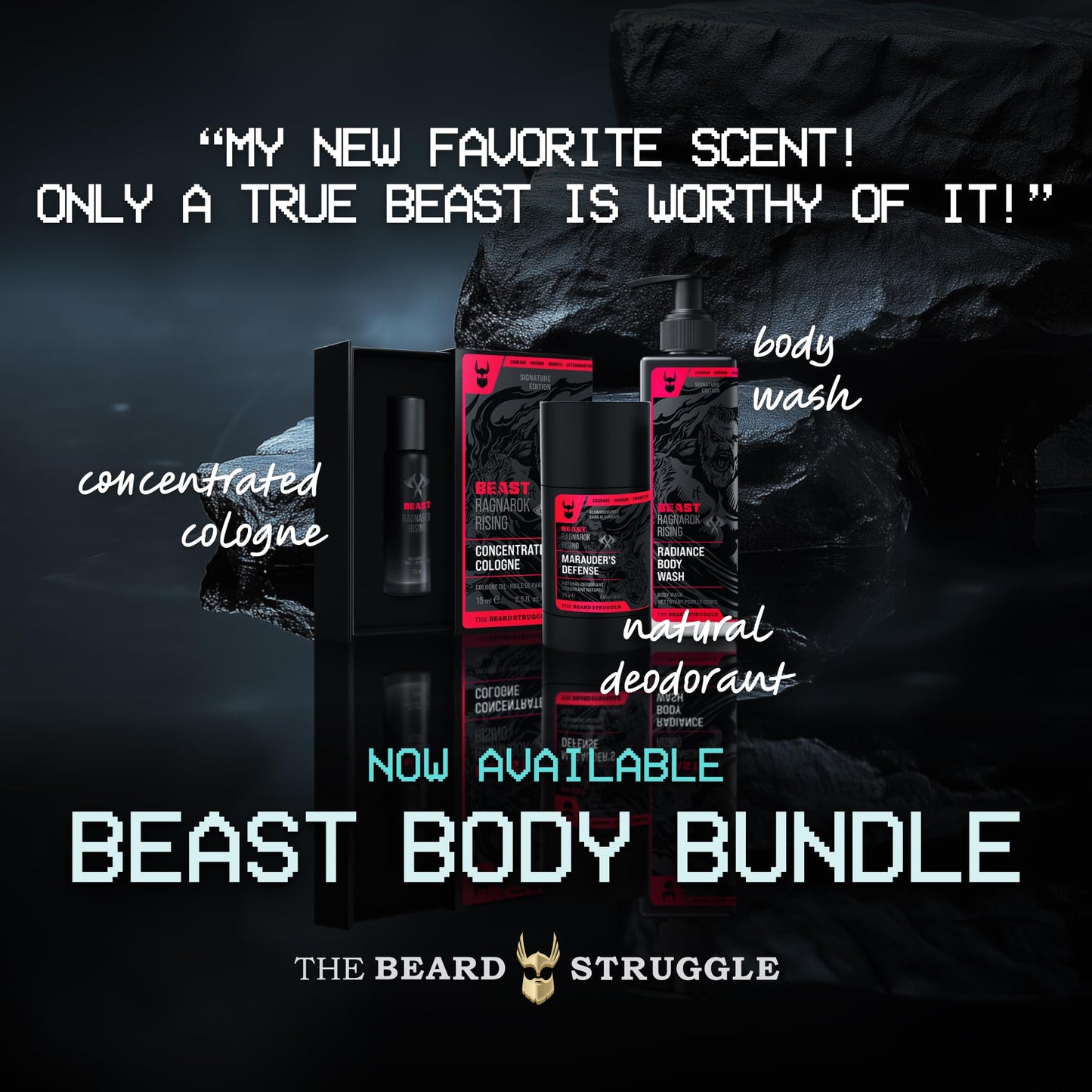The Beard Struggle Beast Body Bundle: Eddie Hall The Beast Line Ragnarok Rising Special Edition - Men's Body Wash, Natural Aluminum Free Deodorant & Roll on Cologne