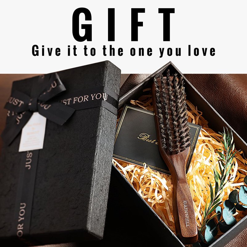 GAINWELL Mens Wild Boar Bristle Hair Brush for Men, Slick Back Hair Brush with Stiff Bristles for Thick Hair, Beard Brush Natural Black Walnut Wooden Handle Hairbrush