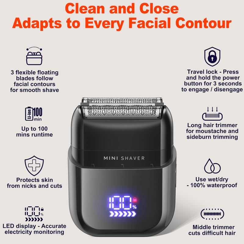 Telfun Mini Electric Foil Shavers for Men, Portable Men's Travel Facial Hair Groomer, USB-C Electric Beard Shaver with Full Body Waterproof & Big LED Display, Close Face Shaver for Head, Beard, & Neck