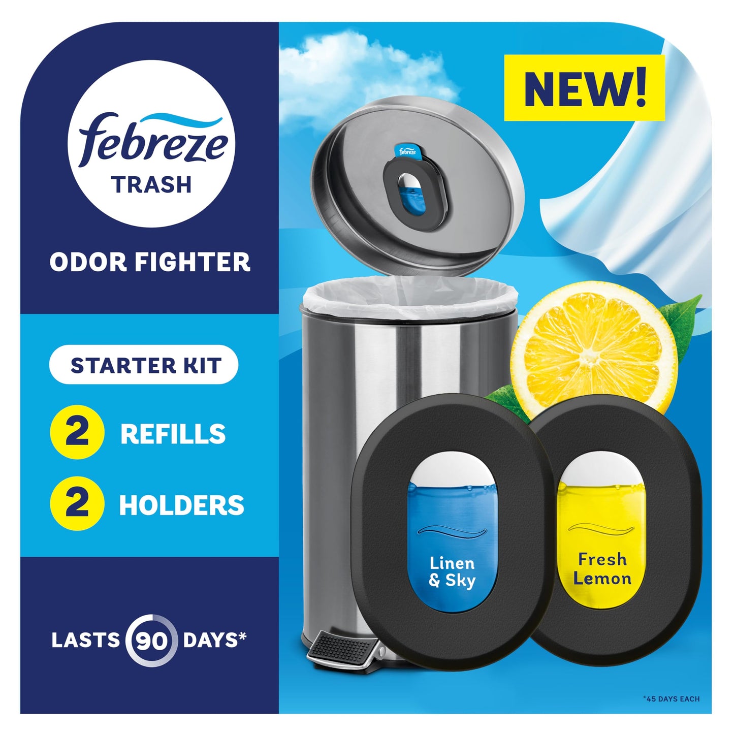 Febreze Trash Odor Fighter, Trash Can Air Freshener, Stick-On Deodorizer for Garbage Cans, Diaper Pails, Works with Scented Trash Bags, Fresh Lemon and Linen & Sky Scents, 2 Holders + 2 Refills