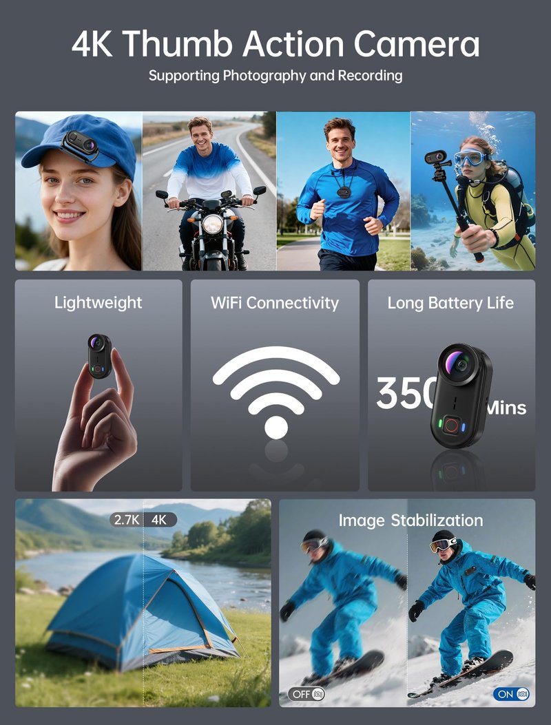 4K Mini Body Action Cameras POV Body Cam, 64GB Sports Camera with Audio Video Recording, Portable WiFi Magnetic Wearable Waterproof Thumb Camera for Motorcycle Vlogging Skiing Cycling Hiking-Black
