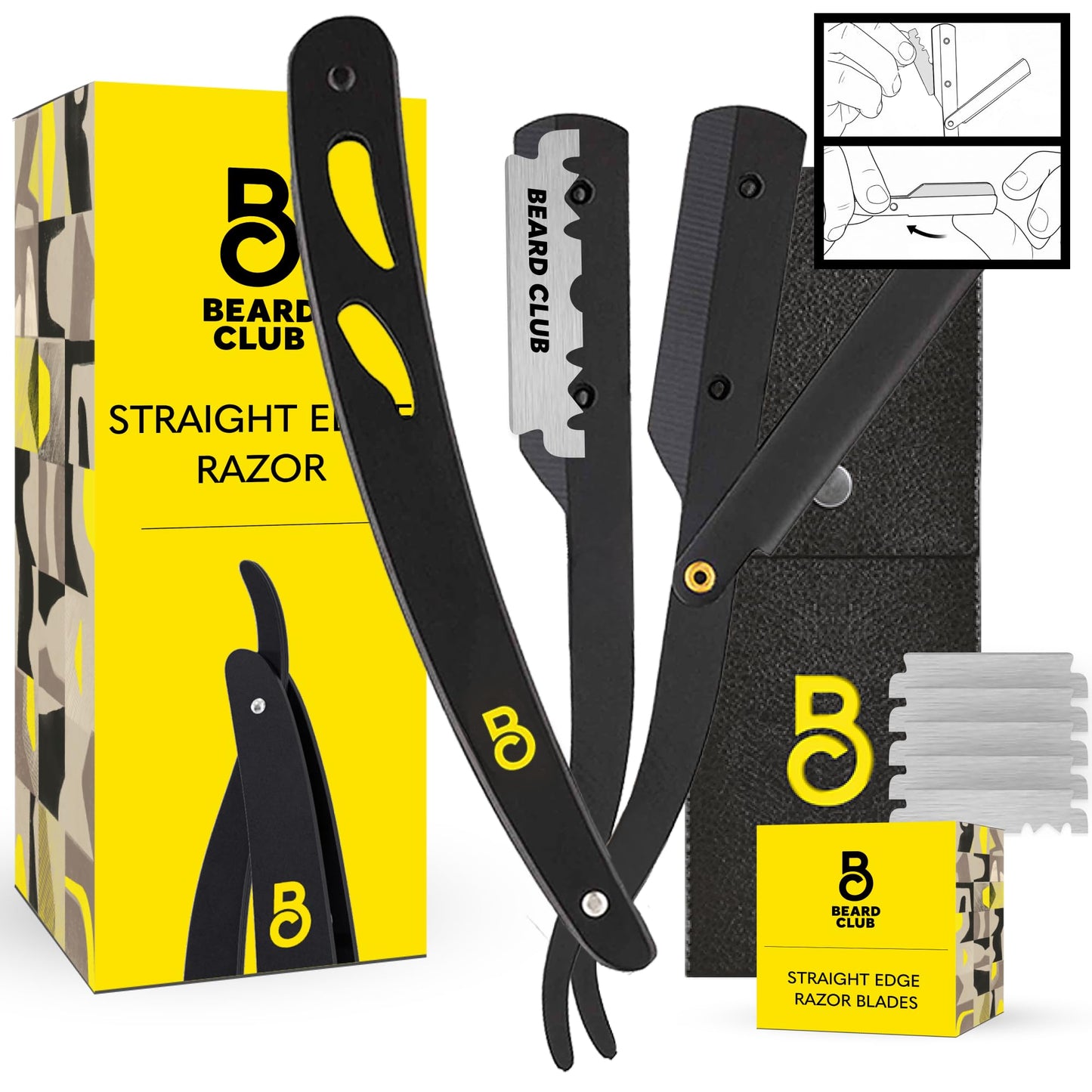 The Beard Club Straight Razor for Men - Navajas Para Barbero - Barber Straight Edge Razor Kit - Premium Single Derby Blade Cutthroat With 5 Replaceable Stainless Steel Blades & Leather Case