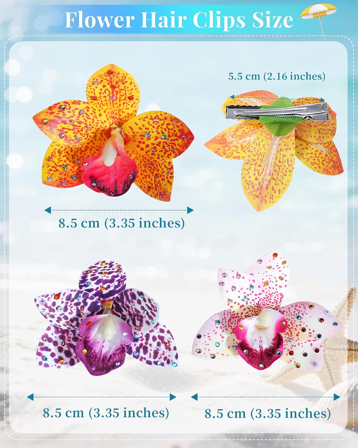Hawaiian Flower Hair Clips - 3 Pack Artificial Tropical Orchid Hair Pins | Rhinestone Accessories for Weddings & Beach Parties (Orange)