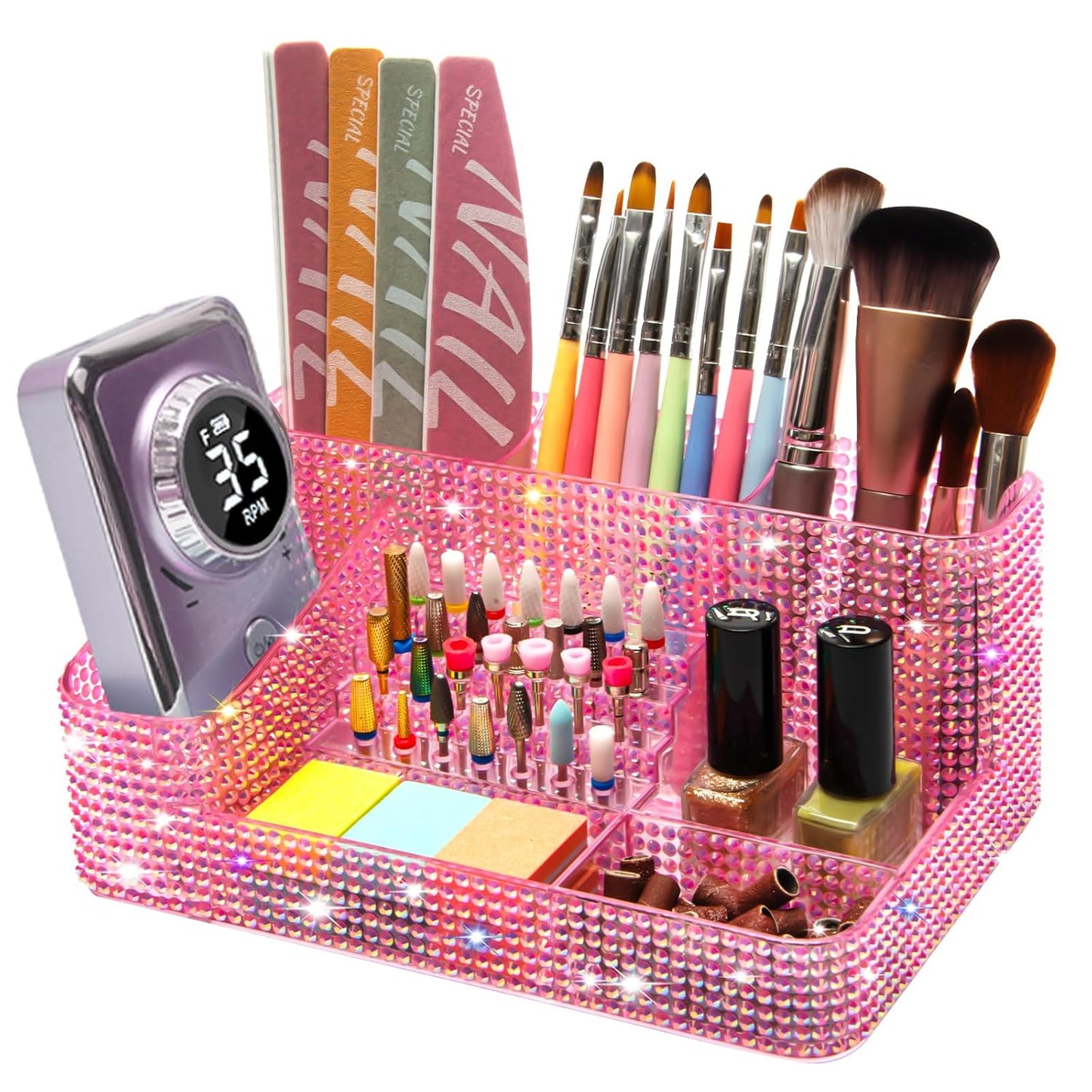 Nail Drill Holder - 28 Holes Bit Organizer for Nail Techs | Bling White Design