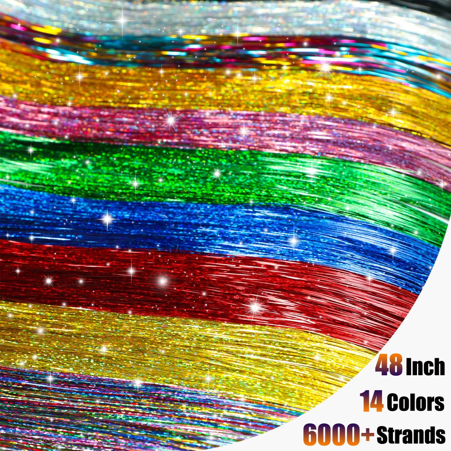 Hair Tinsel Kit - 6000 Strands of 48-Inch Glitter Extensions | Heat Resistant Fairy Hair Accessories for Women & Girls (14 Colors)