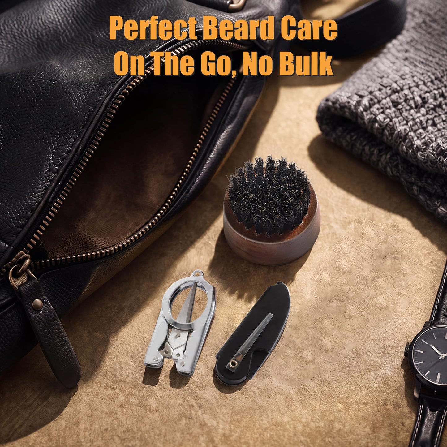 BFWood Beard Brush for Men - Natural Round Boar Bristles Brush Comb Set with Walnut Wood, Foldable Mustache Comb and Trimming Sissors, Small Beard Brush Grooming Mustaches Kit for Travel