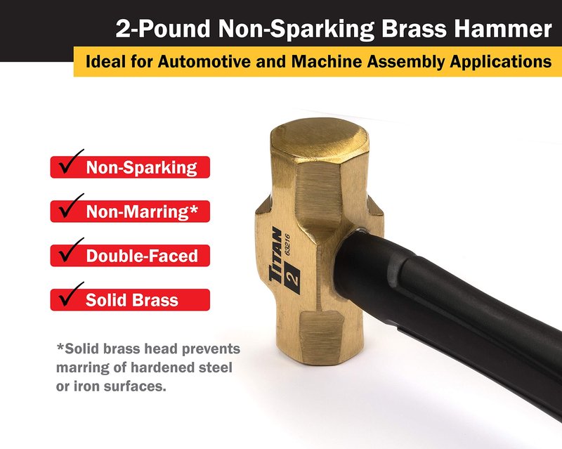 Titan 63216 2lb Solid Brass Hammer, Spark Resistant, Prevents Marring on Steel & Iron Surfaces, Overstrike Protection, 14.5" Shock Absorbing Fiberglass Handle with Textured Grip