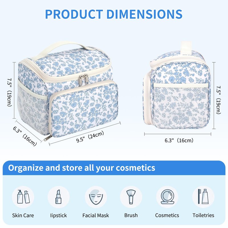 CUBETASTIC Travel Makeup Bag, Floral Make Up Bag with Brush Compartment, Vertical Storage Toiletry Bag with Partitions, Large Make Up Pouch for Women, Portable Makeup Case with Multi-Pockets