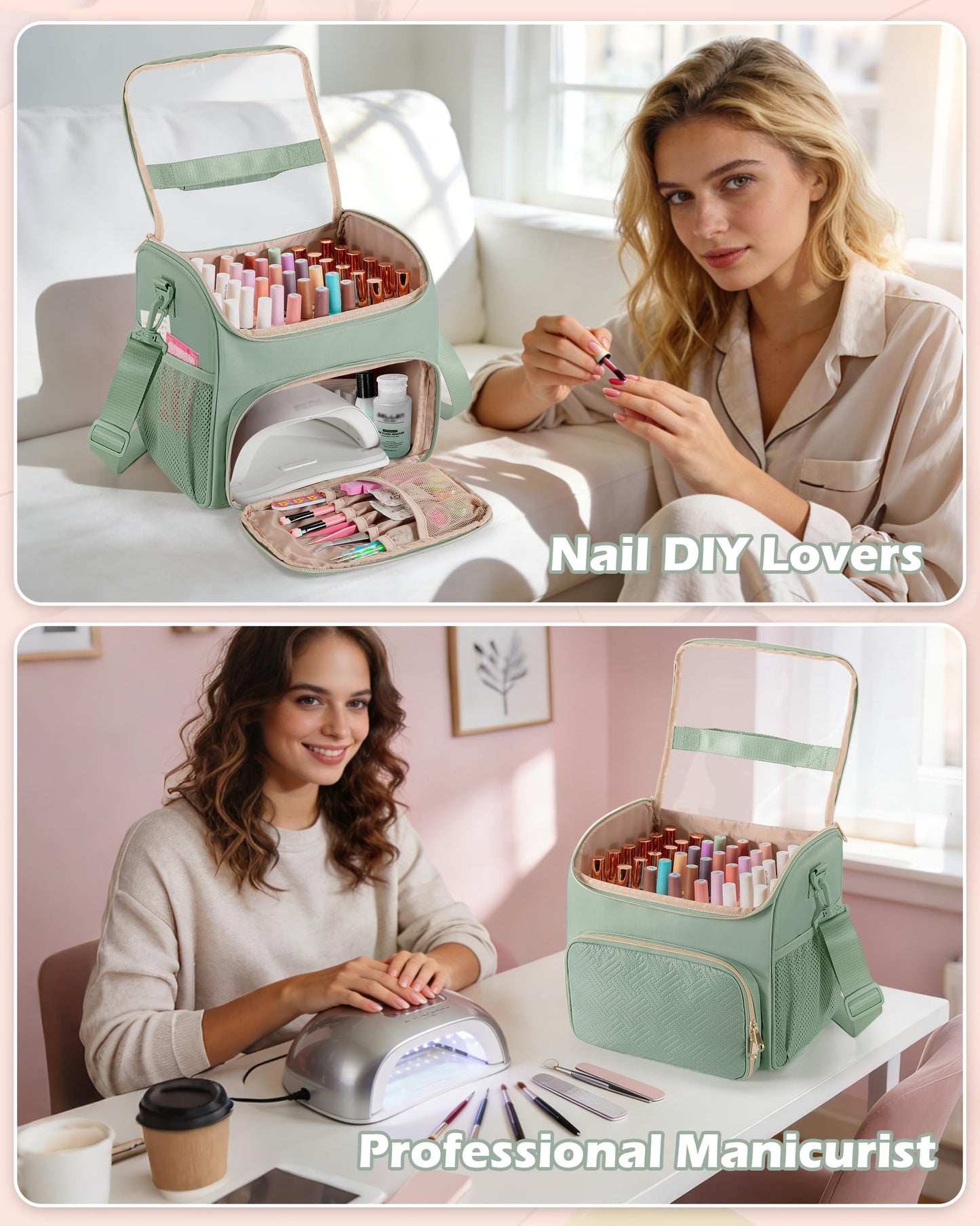Prokva Nail Polish Organizer Bag Holds 42 Bottles(15ml/0.5 fl.oz), Double Layer Nail Storage Case for Gel Polish and Manicure Tools, Travel Nail Bag, Green