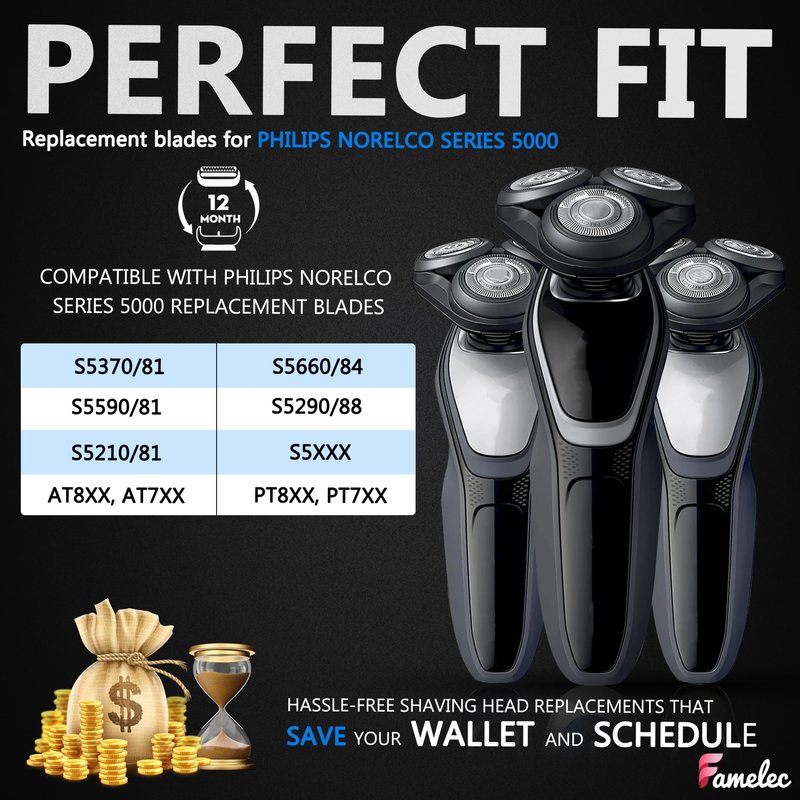 FAMELEC SH50 Blades Head for Philips Norelco Series 5000 (S5xxx), Electric Razor Compatible with Norelco 5000 Series Shaver Replacement Heads, Fit for Models S5660/84, S5590/81, S5290/88, S5210/8