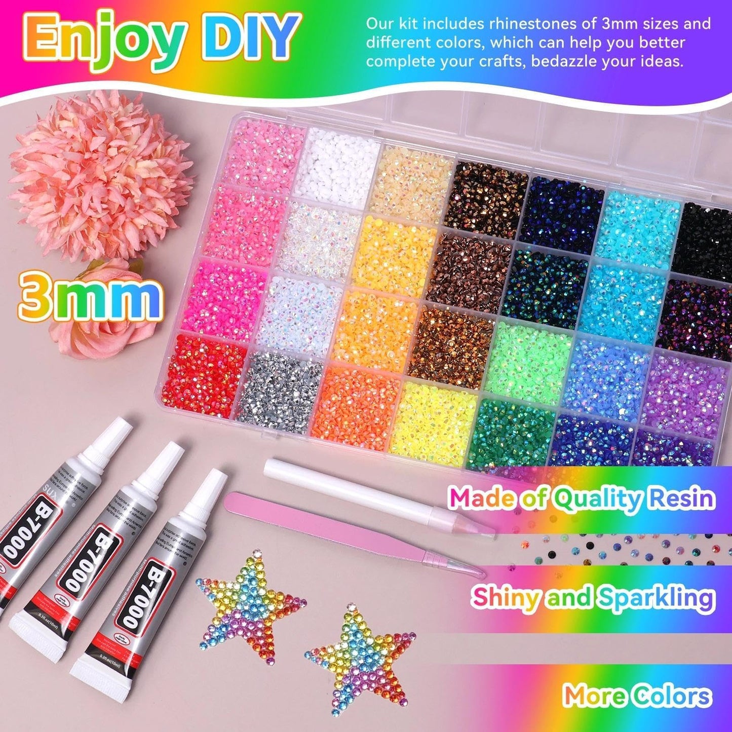 32000 Pcs Rhinestones for Bedazzling Kit with Tools, 3mm Flatback Resin Gems for Crafting, Colorful Resin Rhinestones Bedazzler Kit for Clothing Shoes DIY Tumblers & Face Makeup