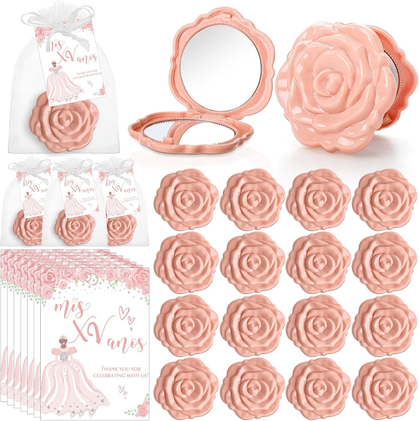 Quinceanera Party Favors - Rose Design Compact Pocket Mirrors with Thank You Cards & Organza Bags | Pink