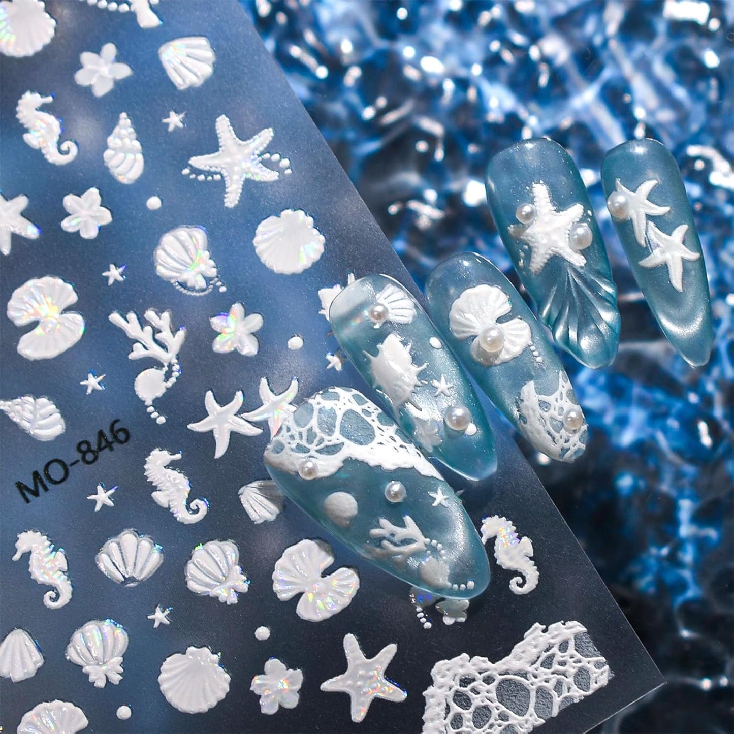 5D Embossed Ocean Nail Stickers - Pink Blue White Shell & Starfish Design | Summer Beach Nail Art Decals for Manicure
