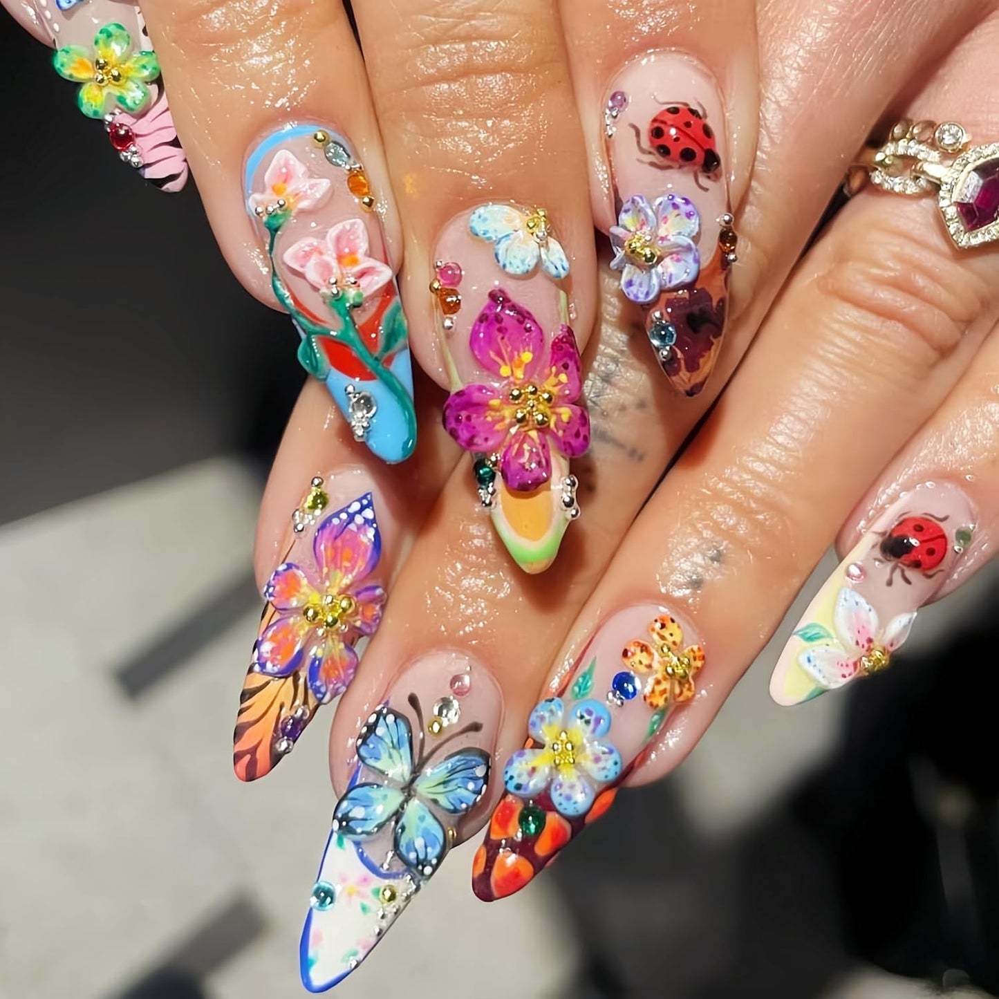 3D Handmade Press-On Nails - Summer Starfish Floral Design | Medium Almond Full Cover Ocean Theme