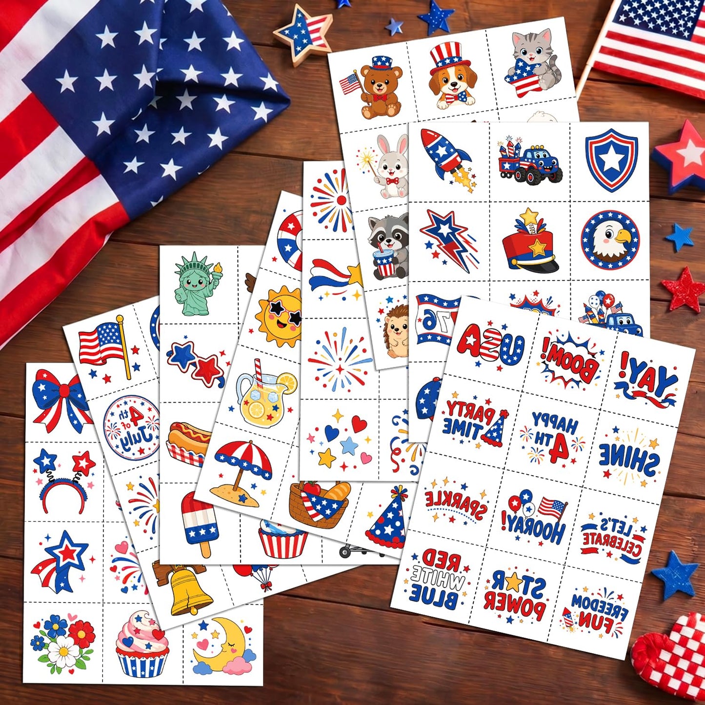 4th of July Temporary Tattoos - Cute Independence Day Stickers for Kids & Adults | Red, White & Blue Party Favors