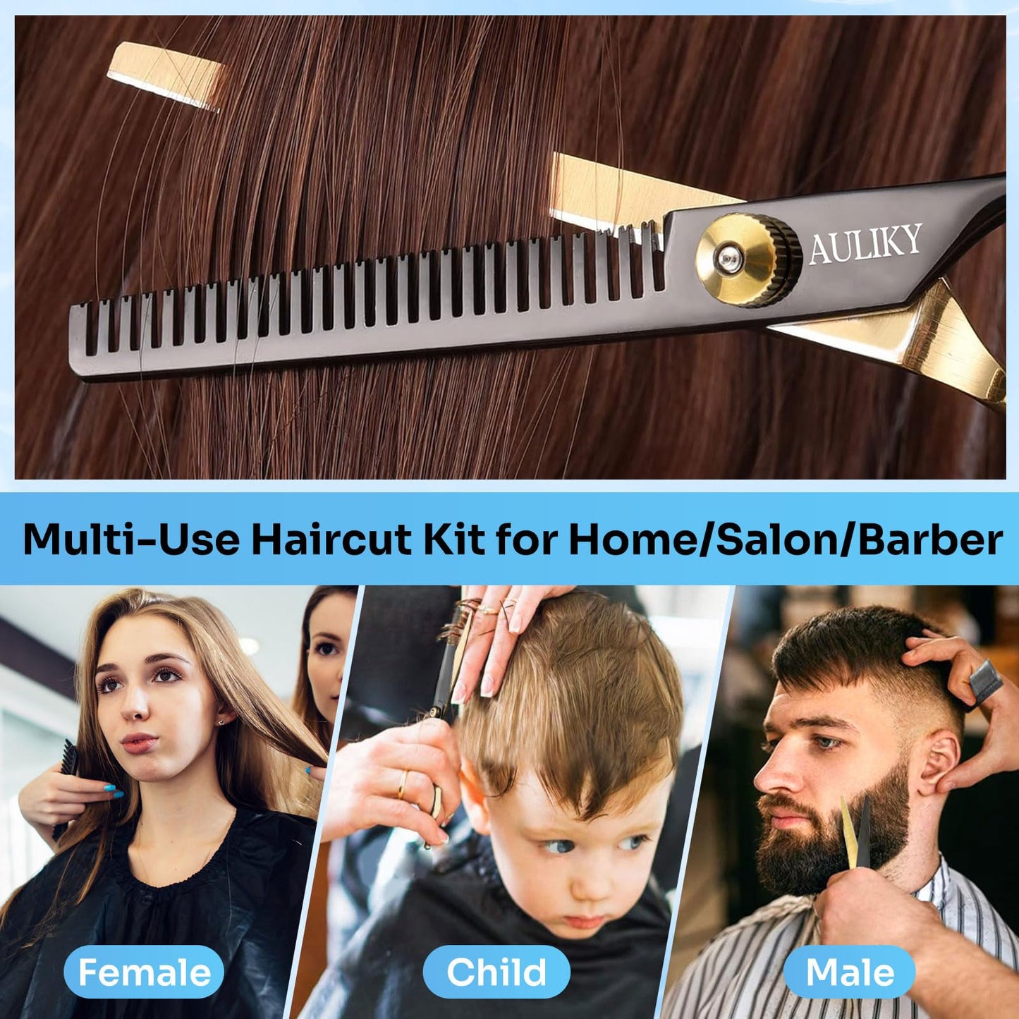 AULikY Hair Cutting Scissors Shears Kits, 15 Pcs Professional Stainless Steel Hairdressing Shears Set Thinning Scissors for Barber/Salon/Home/Men/Women/Kids/Adults