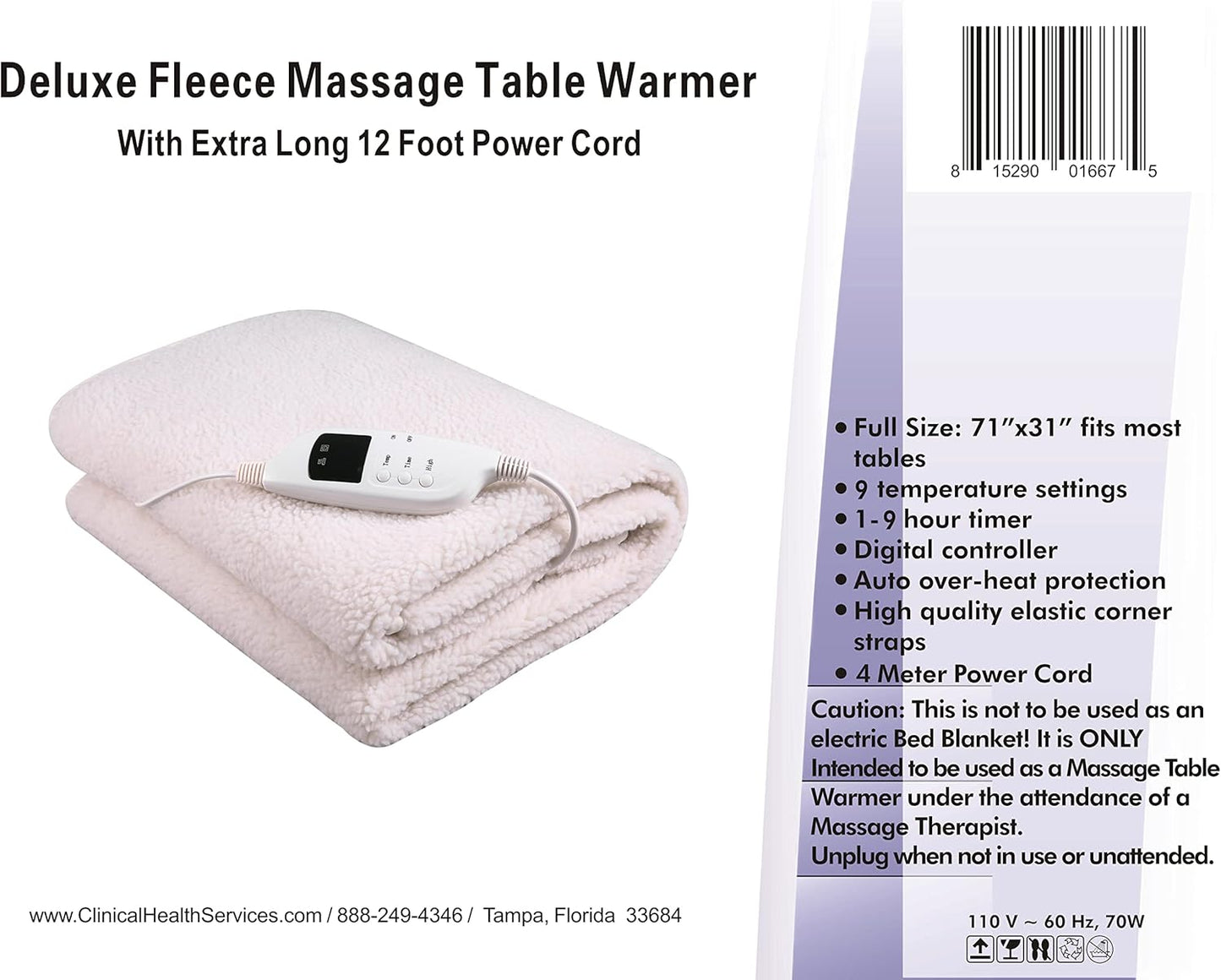 Deluxe Fleece Massage Table Warmer - 12ft Power Cord | Safe & Cozy Up to 88°F