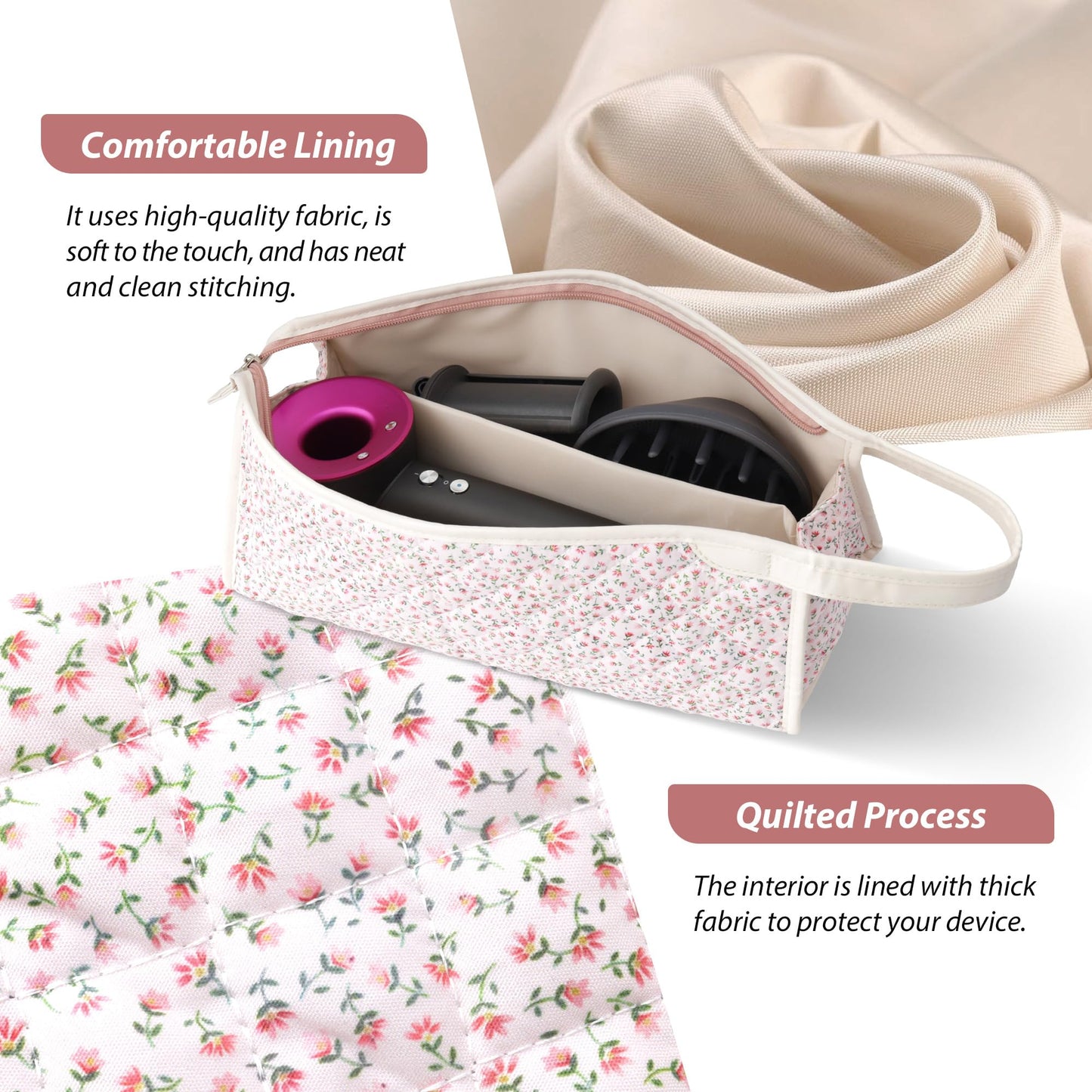 Linpr Travel Case Compatible with Dyson Airwrap Styler/Shark Flex Style, Portable Carrying Organizer Case for Hair Tools, Cotton Quilted Hair Dryer Storage Bag (Pink Floral)