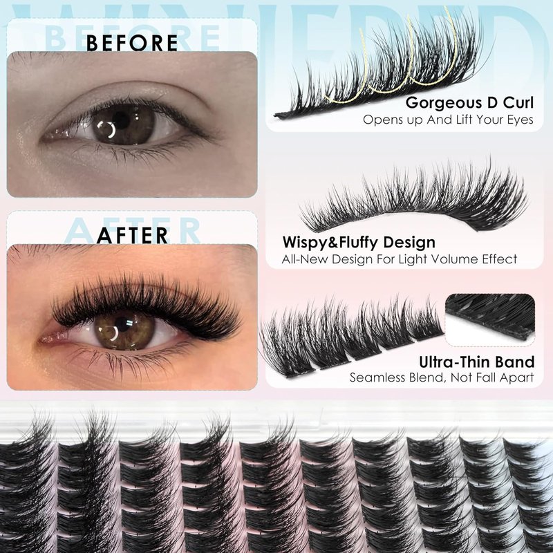 Natural Eyelash Clusters - Wispy Fluffy Light Volume Lash Extensions | DIY 10-16mm Thin Band