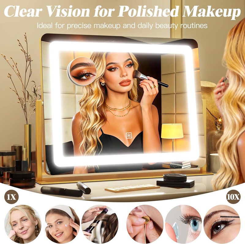 LED Vanity Mirror with Lights - 17" x 22" Lighted Makeup Mirror with 10X Magnification | 3 Color Modes & Dimmable - Gold Finish