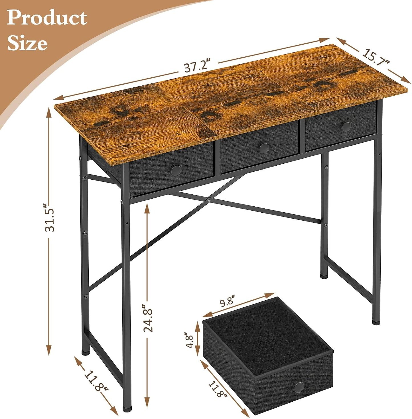 Small Writing Desk - 37.2 Inch Computer Desk with 3 Drawers | Rustic Brown for Bedroom, Home Office, Dorm