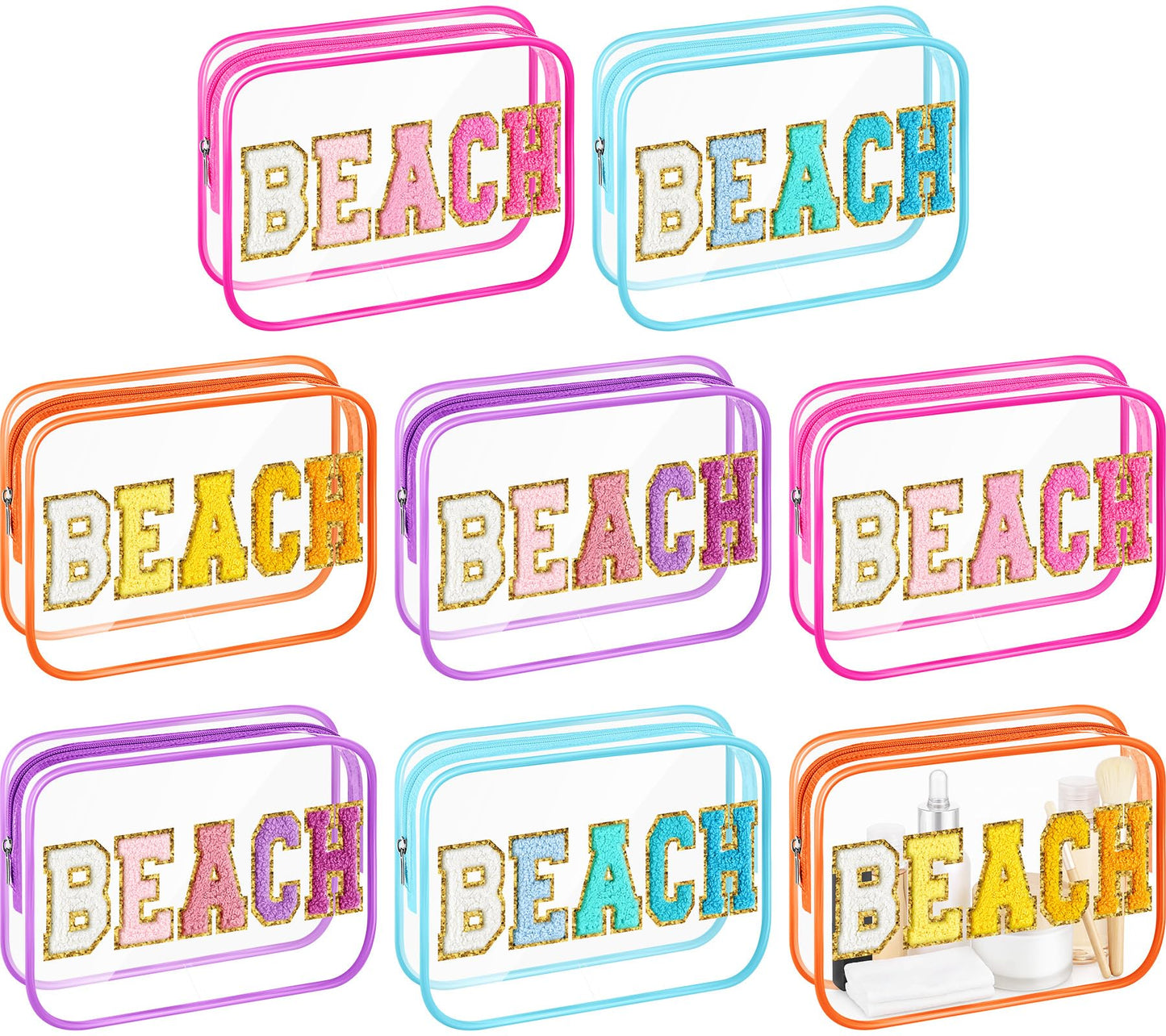 Kacctyen 8 Pcs Clear Makeup Bag Bulk Summer Beach Sunscreen Pouch Waterproof Toiletry Cosmetic Zippered Organizer with Preppy Chenille Letter Patch (Beach,Clear,Blue,Purple,Rose Pink,Orange)