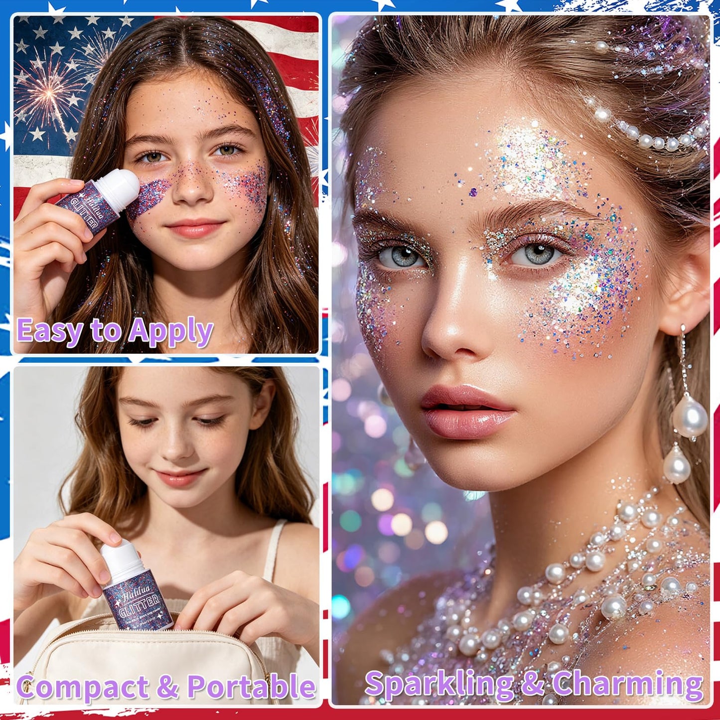 Red White and Blue Body Glitter Gel,4th of July Accessories Roll-on Face Glitter,Sparkling Face Hair Glitter for 4th of July Outfits Women Kids,Patriotic Glitters President's Day Rave Festival Makeup
