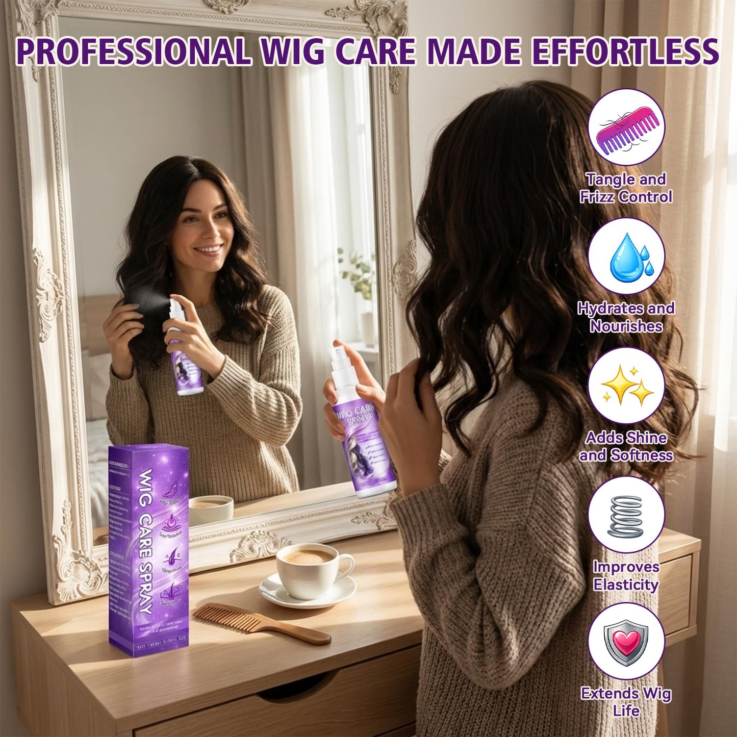 Nozerix Wig Spray, Synthetic Wig Spray, Detangling, Frizz Control, Hydrating Conditioning, Shine Wig Care Spray, for Synthetic and Human Hair Wigs, Wig Accessories, 120ml