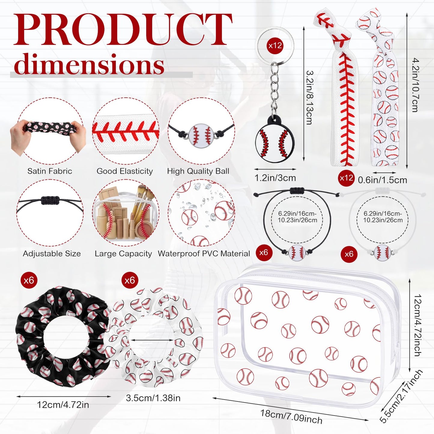 Zeyune 60 Pcs Baseball Party Favors Set - Cosmetic Bags, Keychains, Charm Bracelets, Hair Ties, Scrunchies for Baseball Party Decorations Supplies